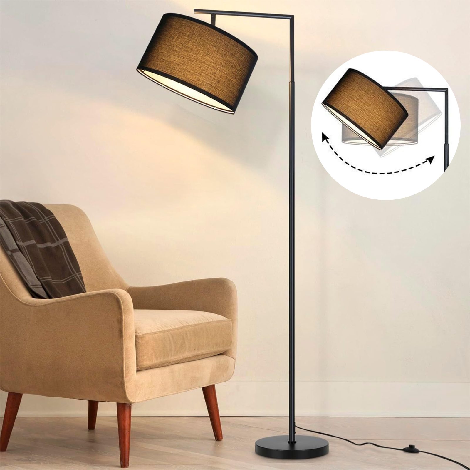 Nettlife Stehlampe Wohnzimmer Vintage Weiß/Schwarz Stoffschirm E27 Bogenlampe Leselampe, mit Fußschalter, LED wechselbar, Schlafzimmer Wohnzimmer Arbeitszimmer