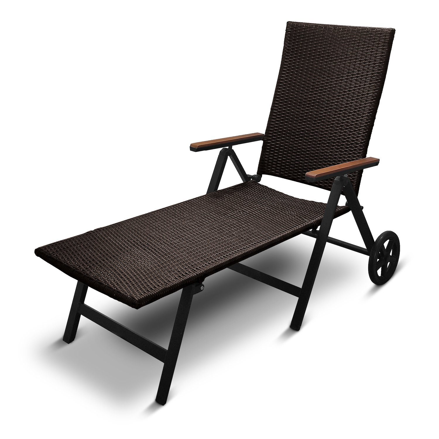 DM-Handel Rollliege Aluminium Rattanliege Modern Klappliege Sonnenliege, Relaxliege, 1 Gartenliege, 7 Fach verstellbar, Eukalyptusholz, klappbar, platzsparend, auf Rollen
