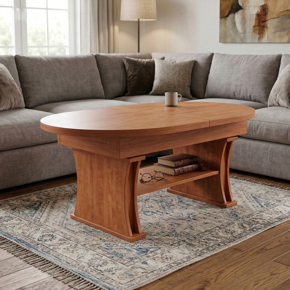 designimpex Couchtisch DA-130 oval ausziehbar höhenverstellbar mit Ablage Wohnzimmer Tisch, Funktionstisch, Wohnzimmertisch, Tisch, Esstisch, Sofatisch, Rollen