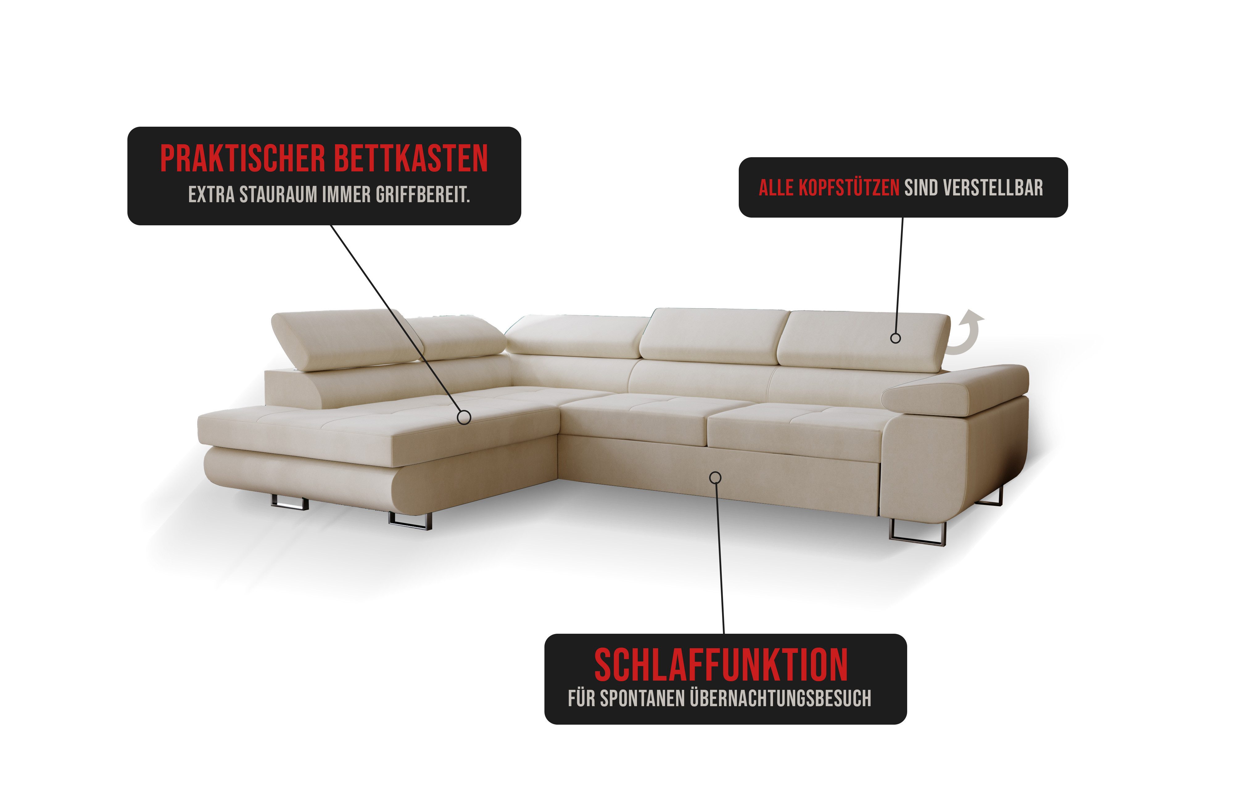 Goldstoff Ecksofa mit Schlaffunktion - Designersofa, Sofa mit Bettfunktion & Bettkasten, Schlafsofa RIVIA, multifunktionale Couch mit verstellbaren Kopfstützen in dunkelgrün