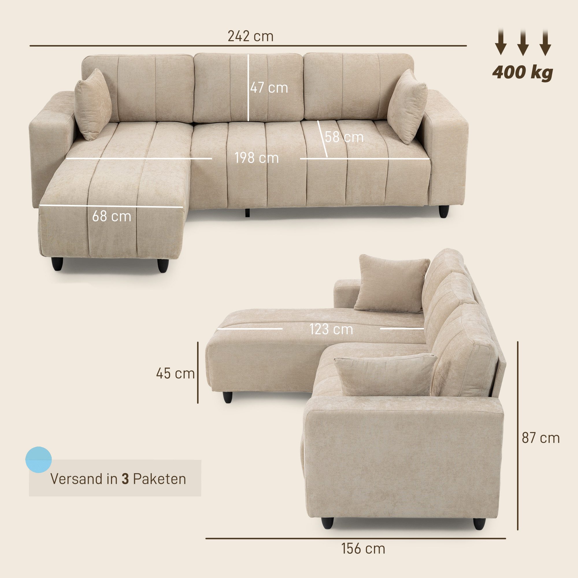 HOMCOM Ecksofa mit 2 Kissen, Couchgarnitur 1 Teile, für Wohnzimmer, Beige