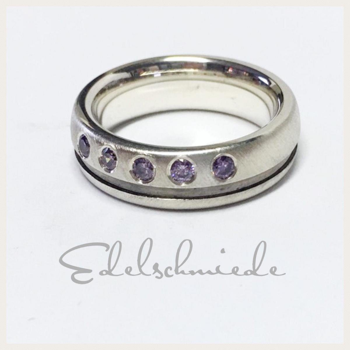 Silberring Gr. 70, Bandring schwarz + violett Zirkonia