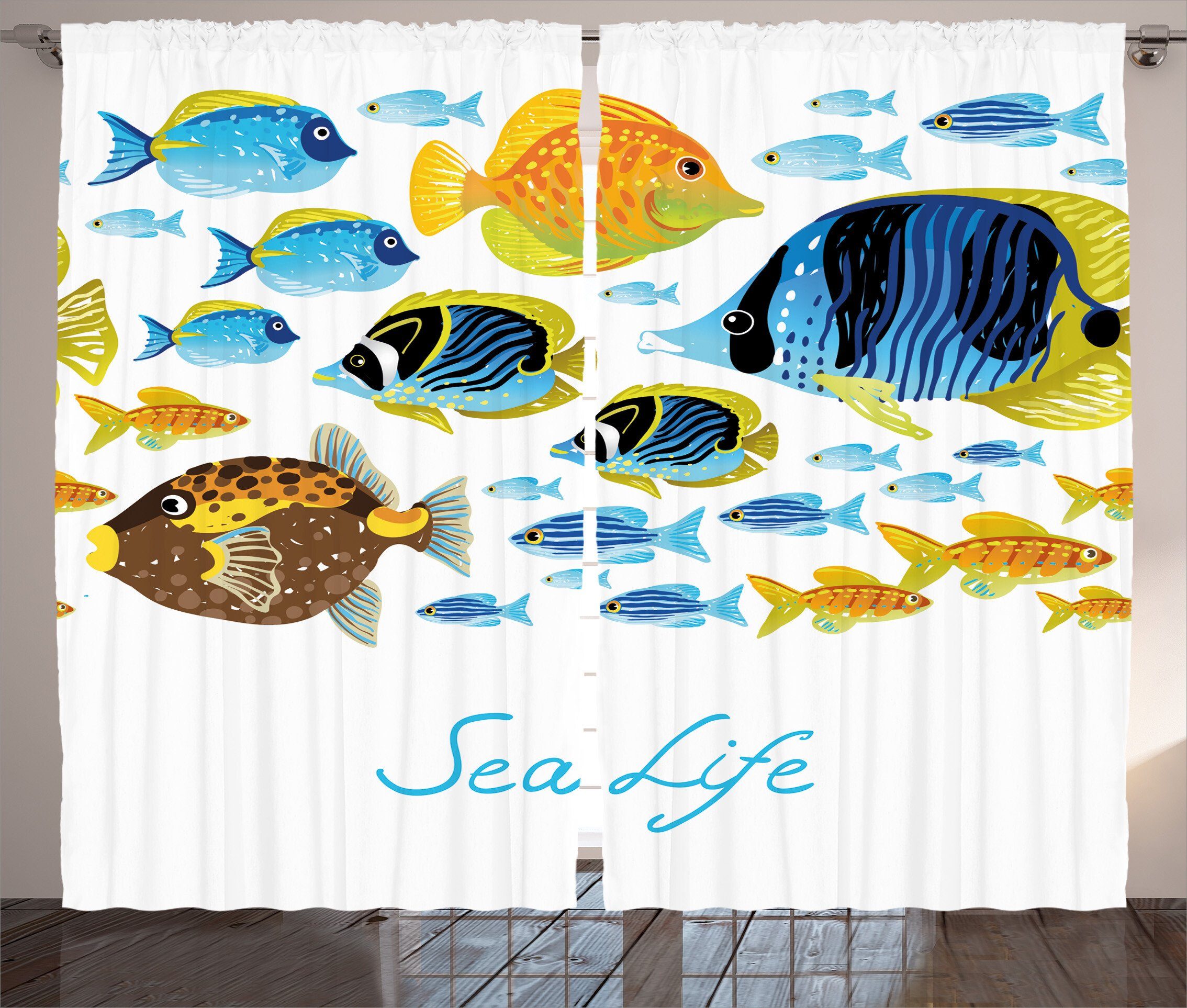 Gardine Schlafzimmer Kräuselband Vorhang mit Schlaufen und Haken, Abakuhaus, Fisch Cartoon Sea Life Theme