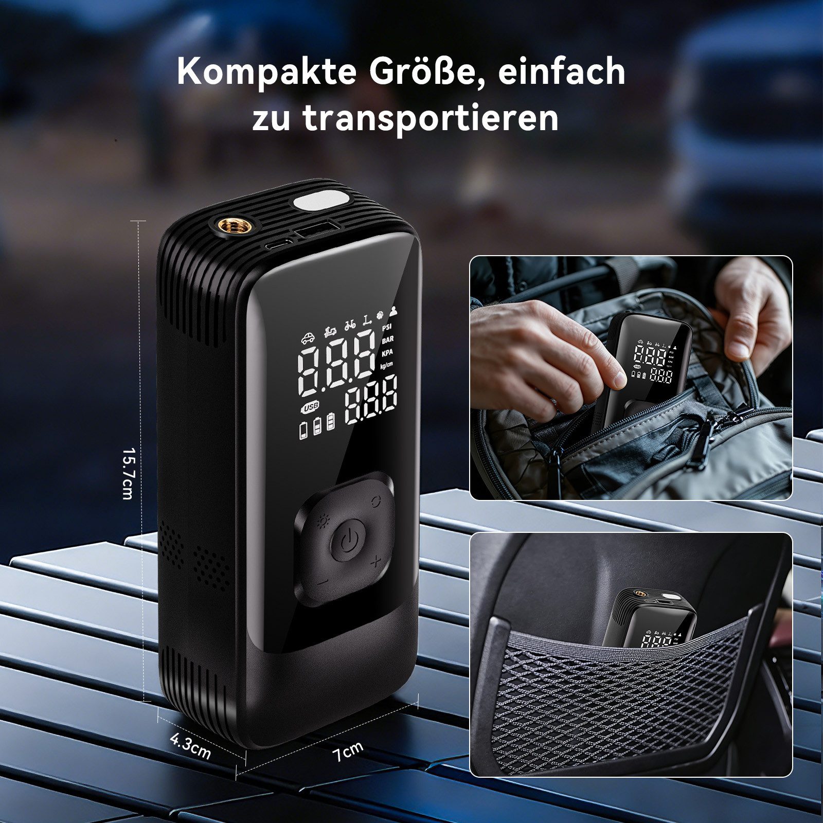 skelo Akku-Luftpumpe Elektrische Luftpumpe, elektrische Fahrradpumpe, 150 PSI, 4500 mAh (6-tlg., für Auto, Fahrrad, E-Bike, Motorrad und Bälle), Akku-Kompressor – Bild 2 von 5
