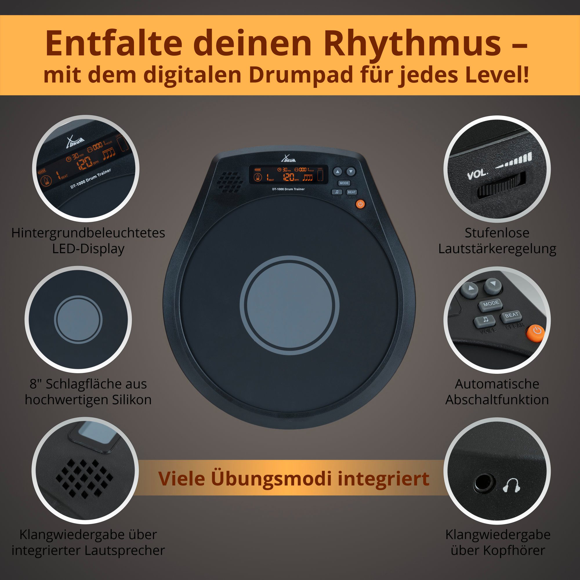 XDrum E-Drum Pads XDrum DT-1000 Drum Trainer Rhythm Coach, Mit eingebauten Akku mit 16h Laufzeit, Effektives Timing- und Schlagtraining für jeden Drummer – Bild 5 von 5