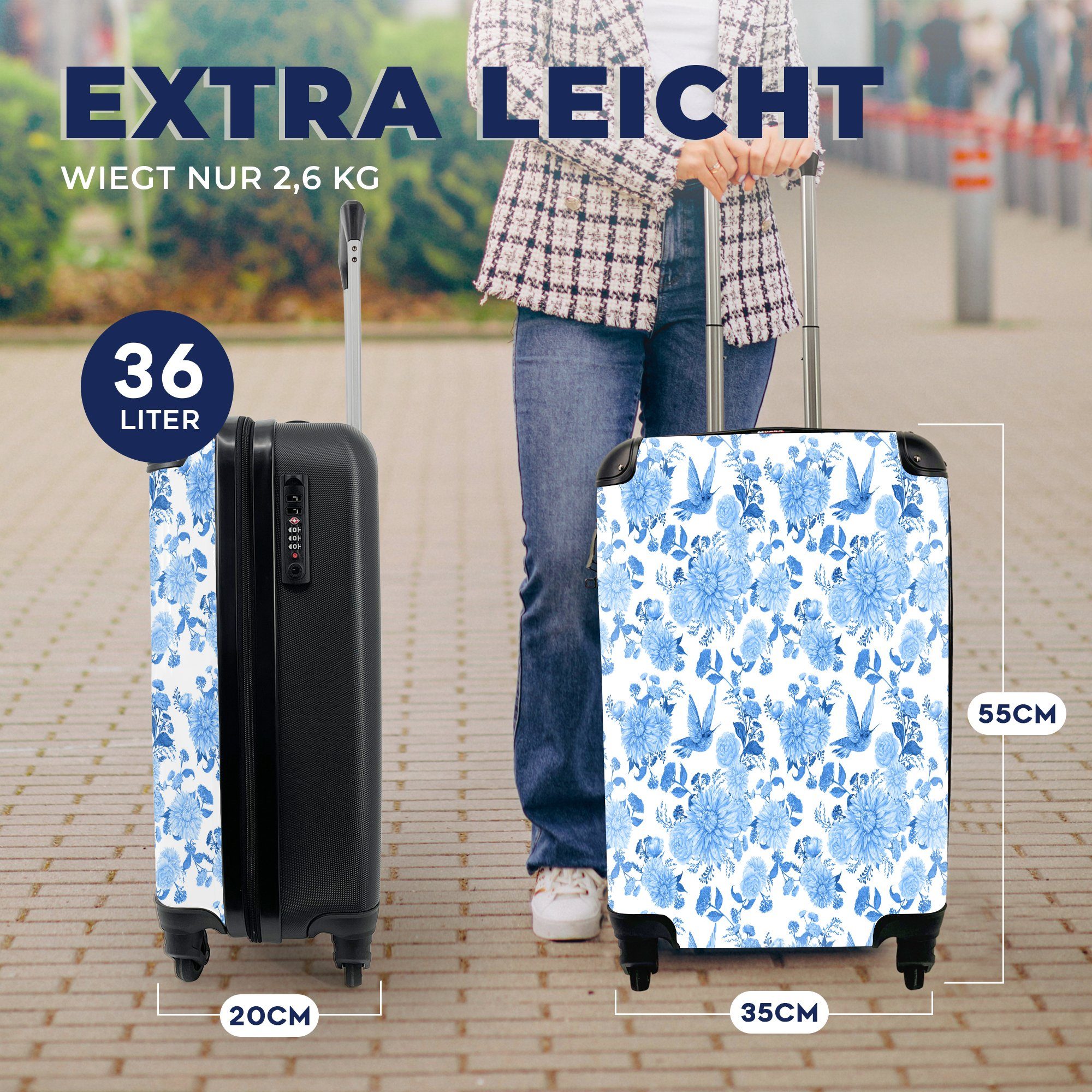 MuchoWow Handgepäckkoffer Blumen - mit 4 - Reisetasche Reisekoffer Trolley, rollen, Ferien, Rollen, Muster Handgepäck Blau, für