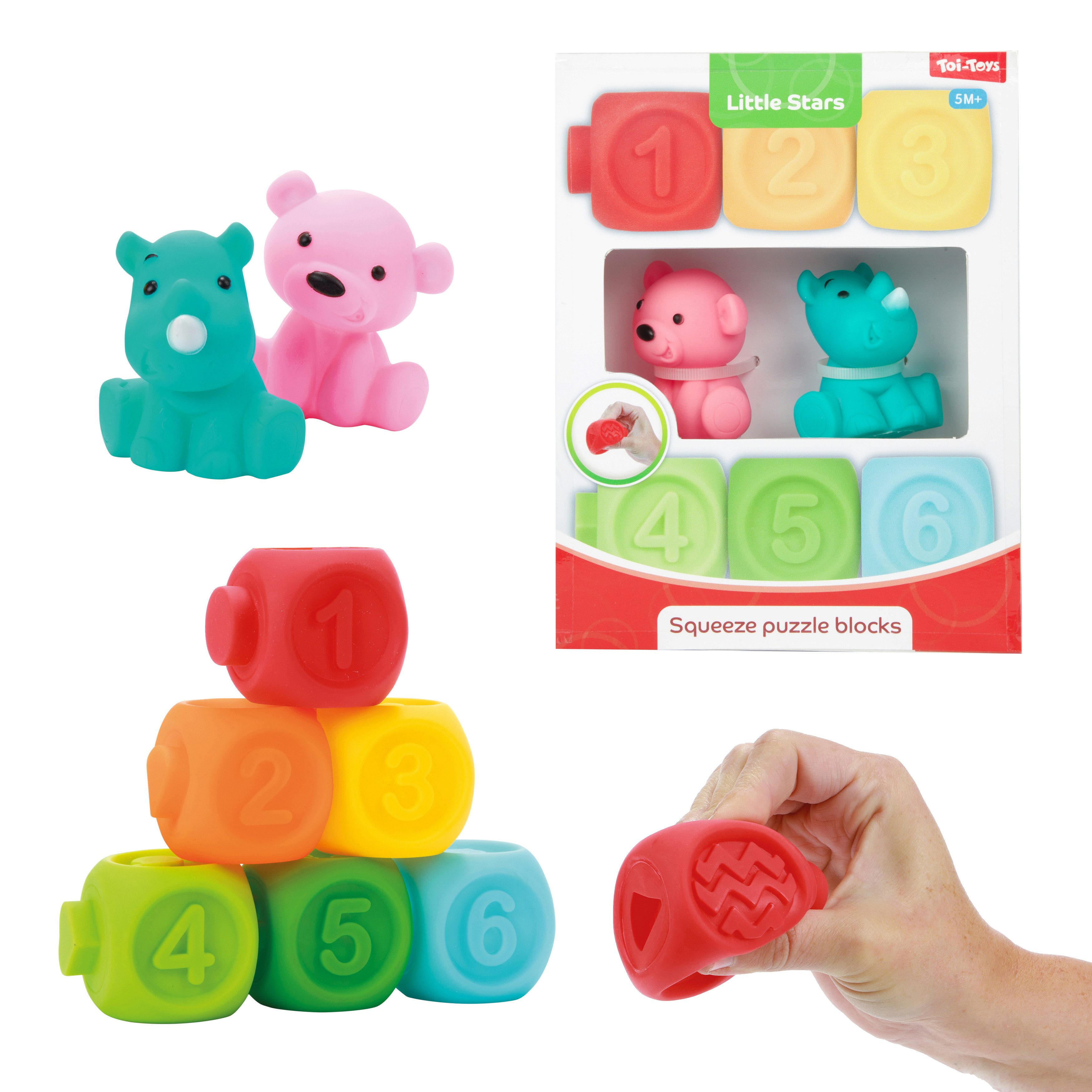 Greifspielzeug LITTLE STARS - 6 Baby Quietsch-Stapelblöcke und 2 Gummitiere
