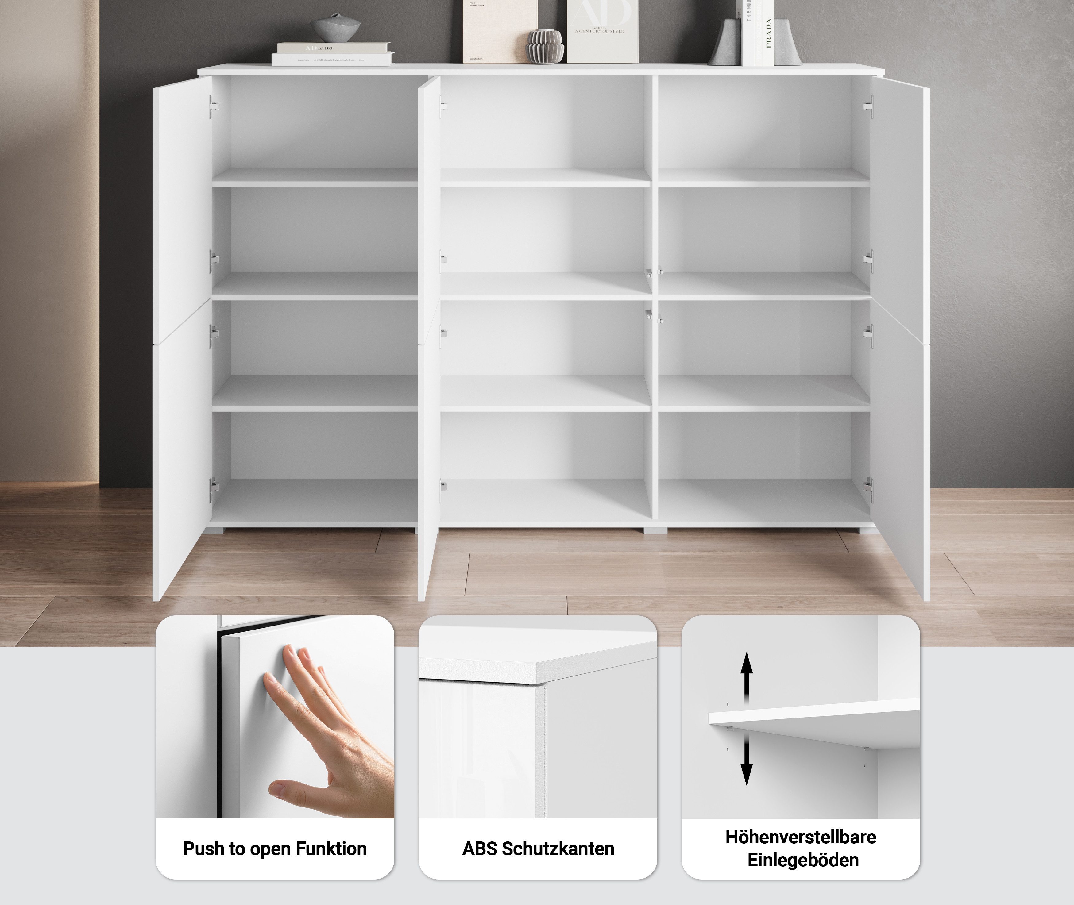 OTTO home Highboard Kenia, moderne grifflose Hochkommode mit 6 Türen, Breite 180 cm (1 St), Push-to-Open-Fronten, höhenverstellbaren Einlegeböden