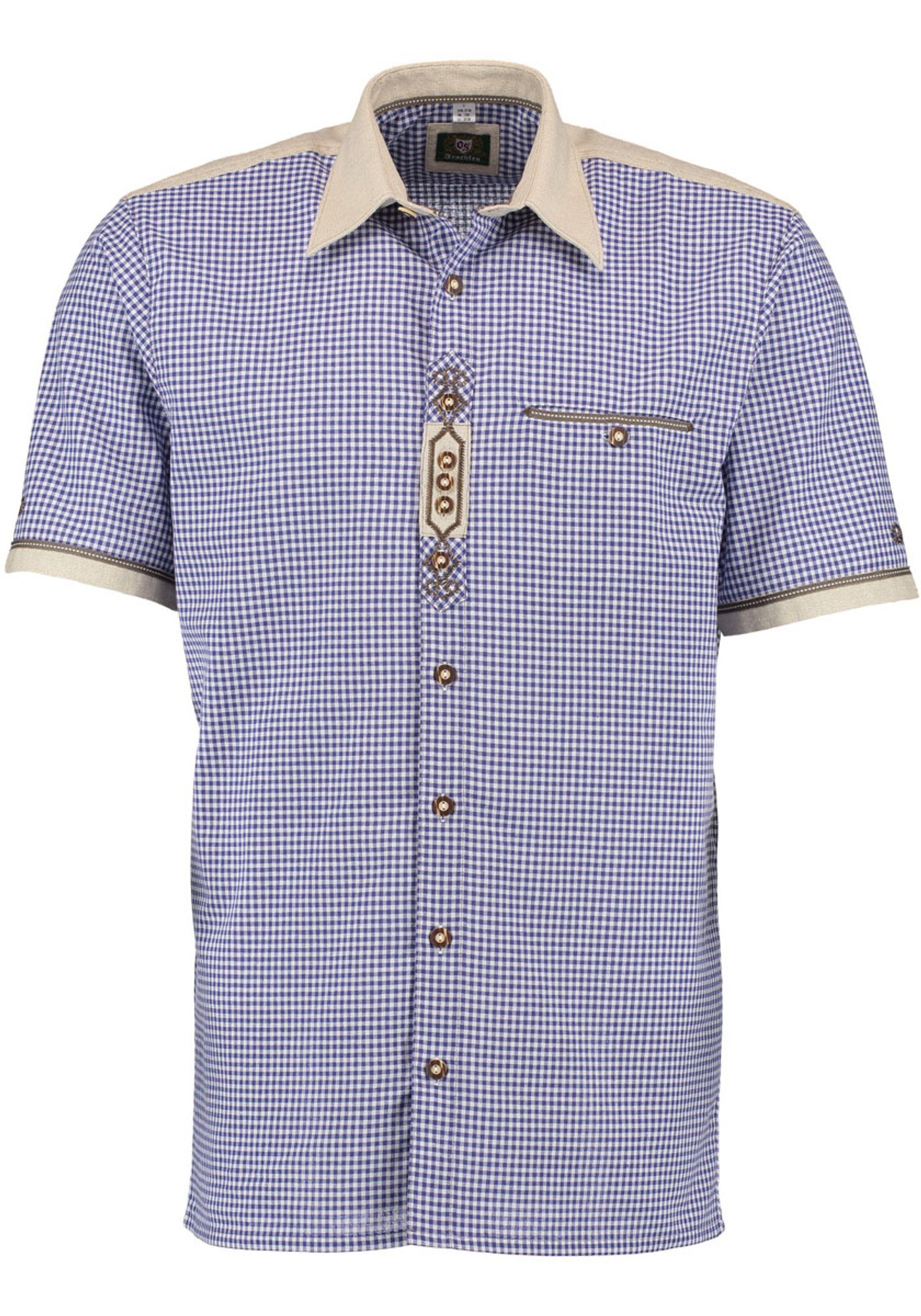 OS-Trachten Trachtenhemd Bakely Kurzarmhemd mit Stickerei auf der Knopfleiste kornblau