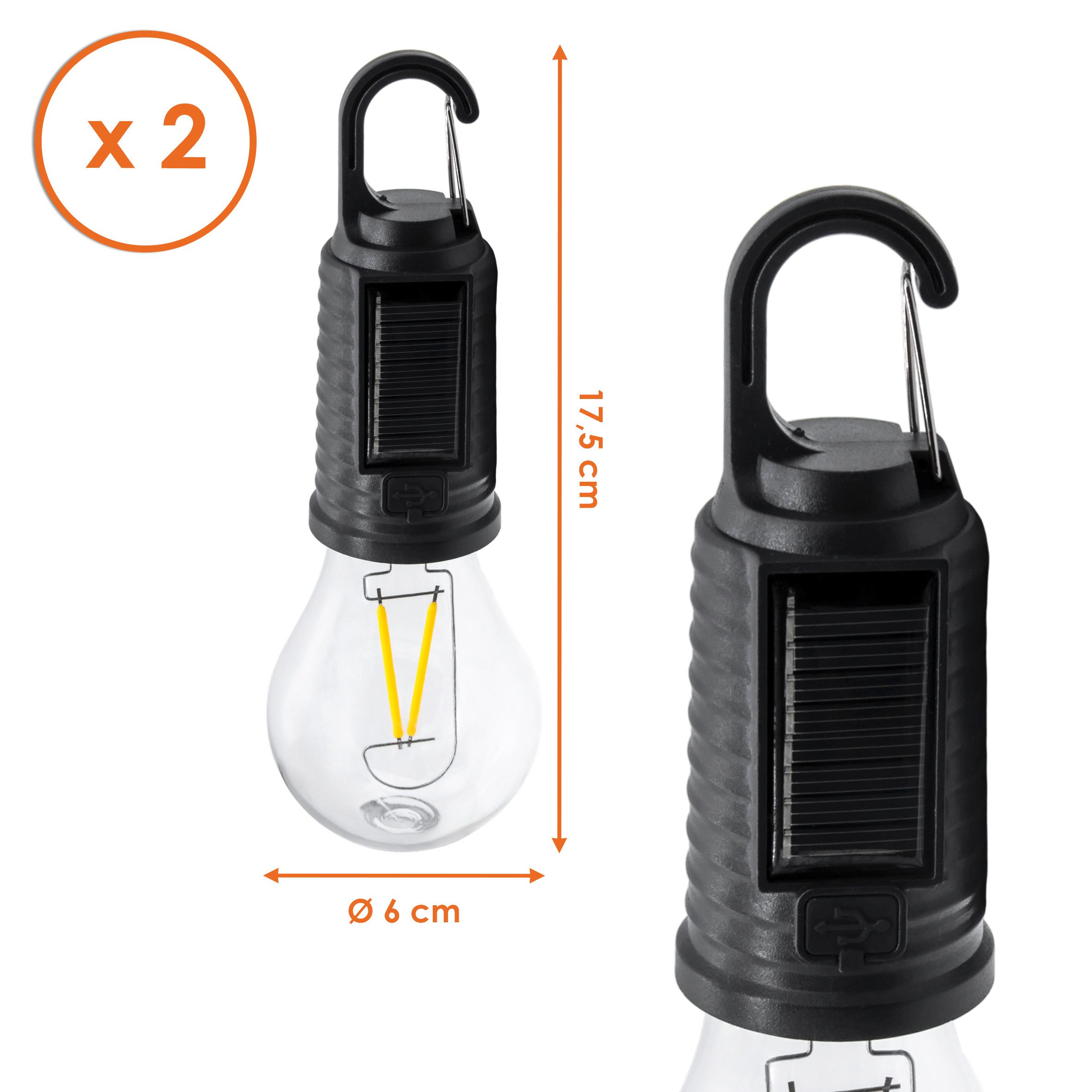 Spetebo LED Solarleuchte 2er Set Glühbirne per USB wieder aufladbar, Dimmbar, LED fest integriert, warm weiß, Garten Dekolampe zum Aufhängen, 3 Leuchtmodi