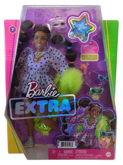 Barbie Anziehpuppe Mattel GXF10 Barbie Extra, Puppe mit fliederfarbenen Kleid mit Sternen