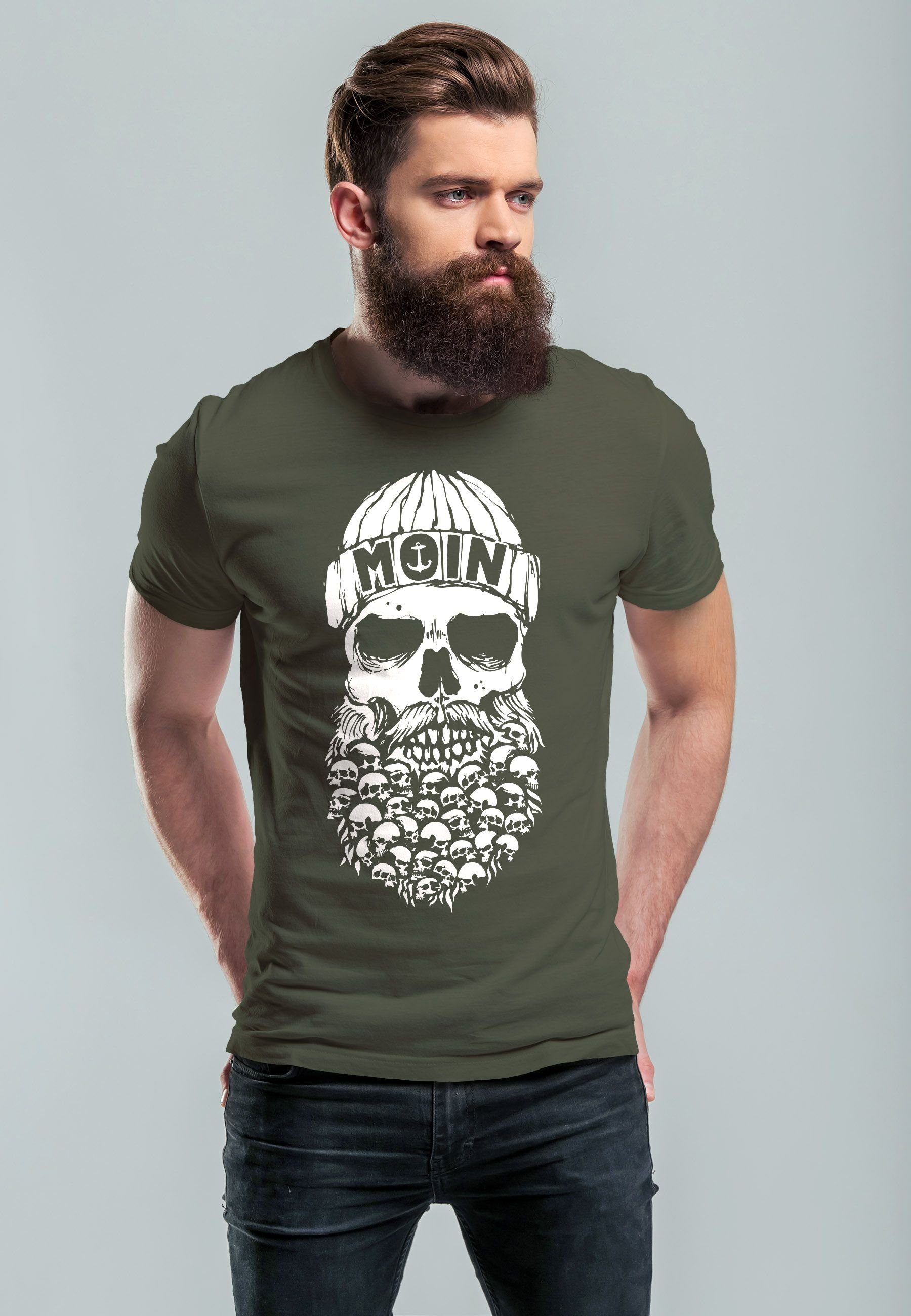 T-Shirt Moin Nordisch Hamburg mit Fas Print Print-Shirt Herren Totenkopf Skull army Dialekt Anker Neverless