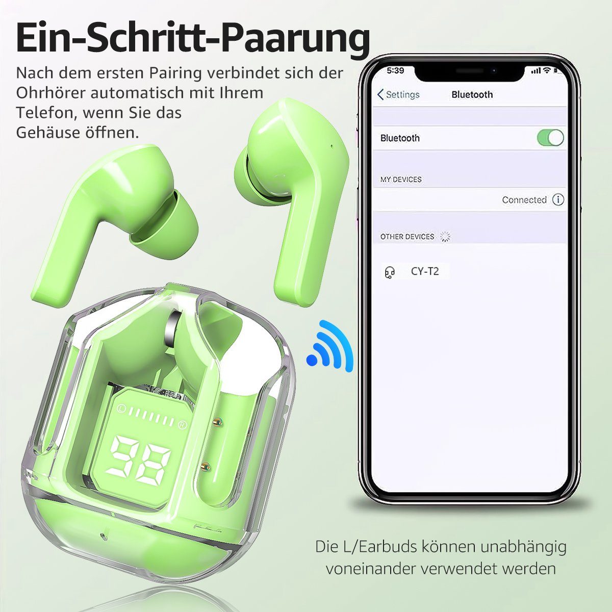 10-minütigen mit Kopfhoerer In-Ear-Kopfhörer + Grün mit Bluetooth wireless 5.3 Wiedergabe Stunden für HiFi einer Fluoreszierendes (Komposit-Audiotreiber Mikrofon Dual Aufladung) EDR, Kabellos Stereoklang, 7Magic 1,5