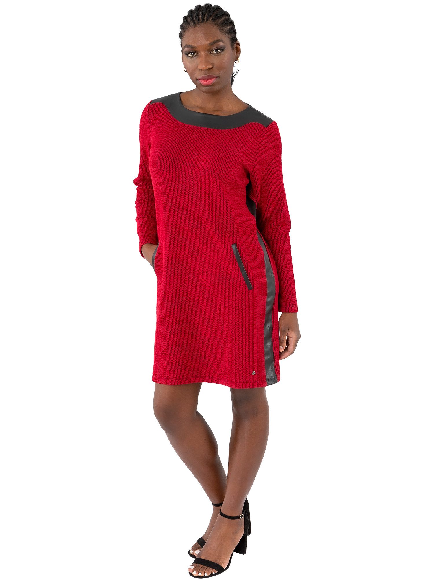 Gio Milano Midikleid G31-5601, Jacquard "Bubble gum" mit Lederimitatblende Galonstreifen aus Lederimitat