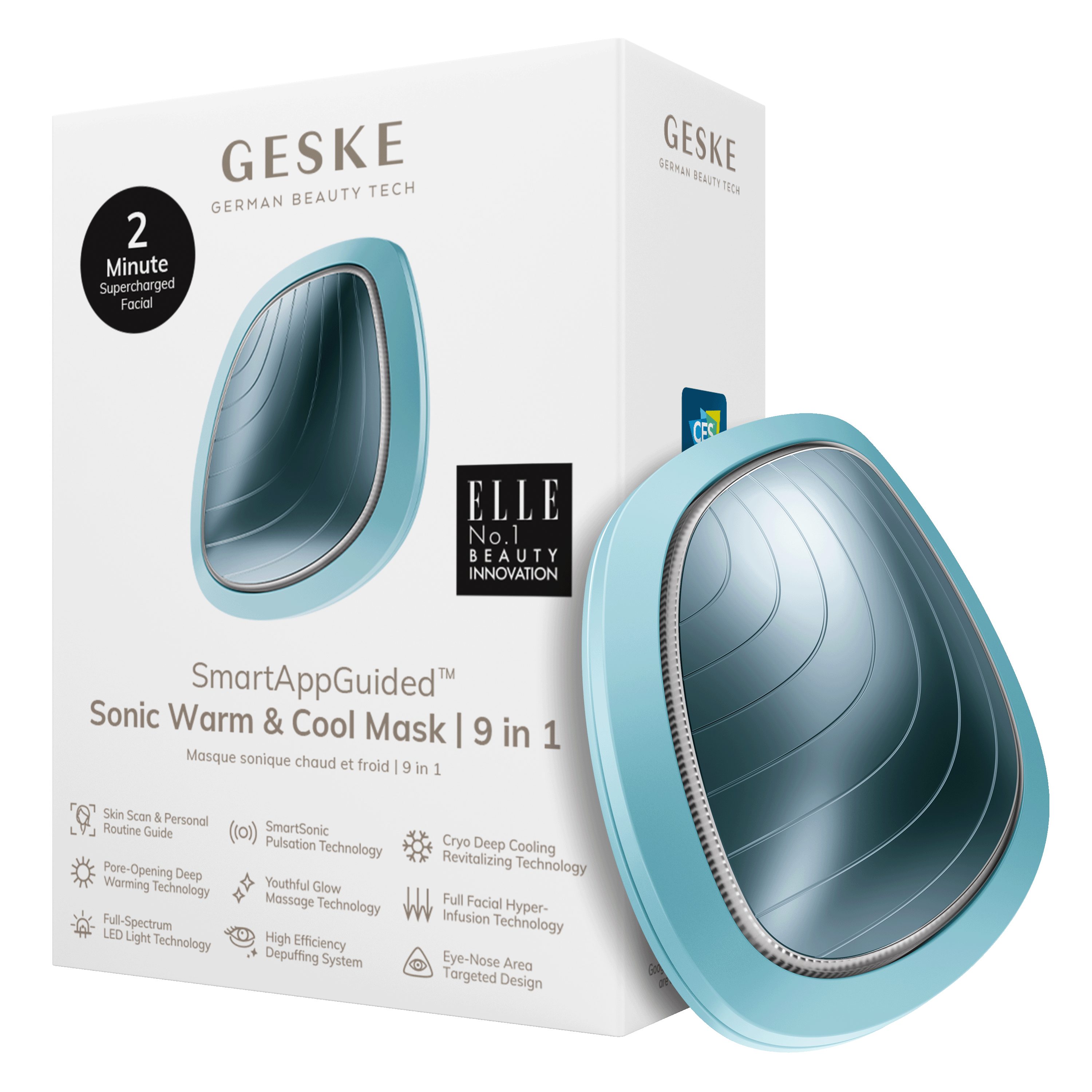GESKE German Beauty Tech Enhancer SmartAppGuided™ Sonic Warm & Cool Mask 9 in 1, Packung (Gerät & USB-Ladekabel), 2-tlg., Gerät inkl. kostenloser APP (SmartAppGuided Device), Mit der GESKE App erhältst Du deine personalisierte Hautpflegeroutine. Turquoise