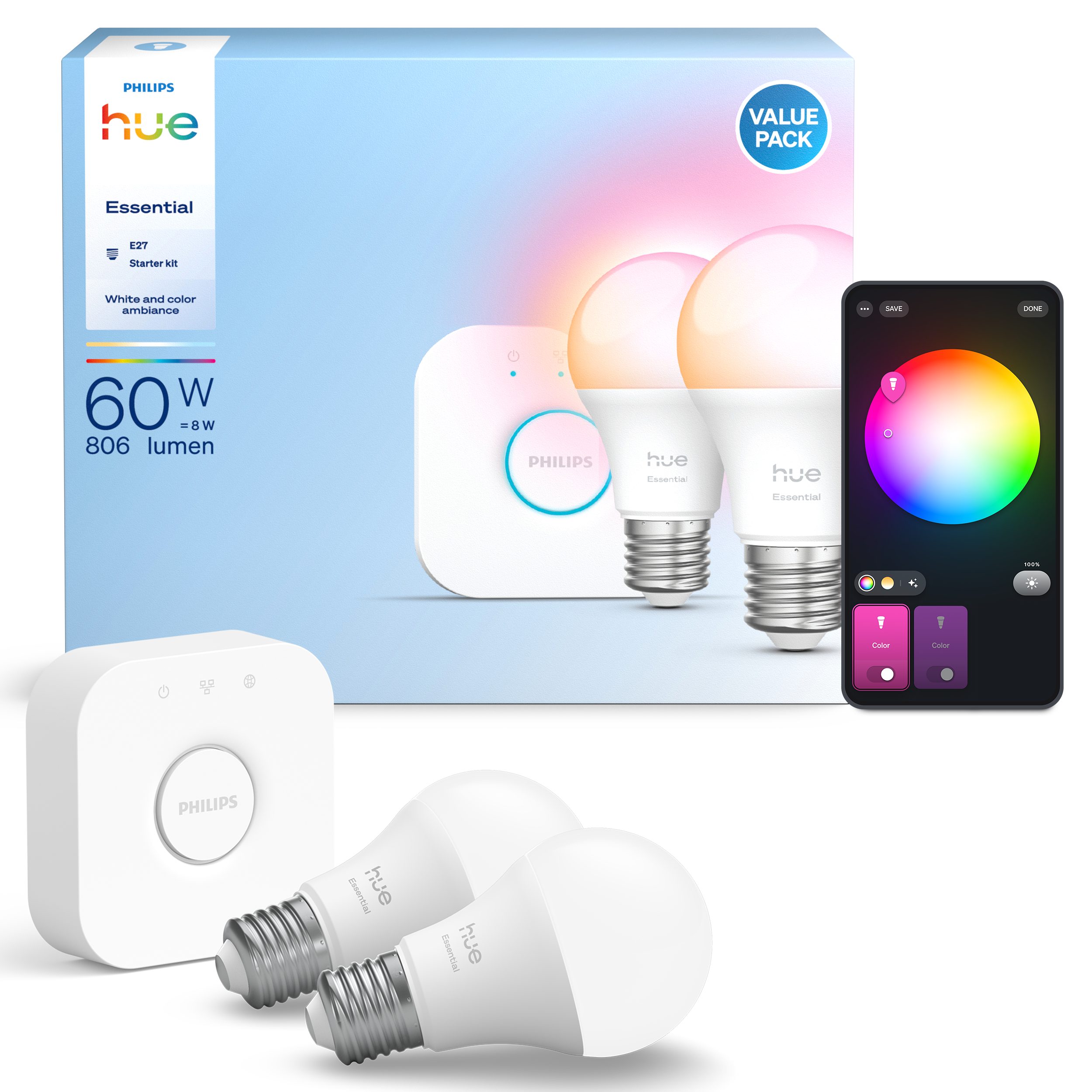 Philips Hue LED-Leuchtmittel Essential Starter Kit 2x White & Color Ambianc günstig online kaufen