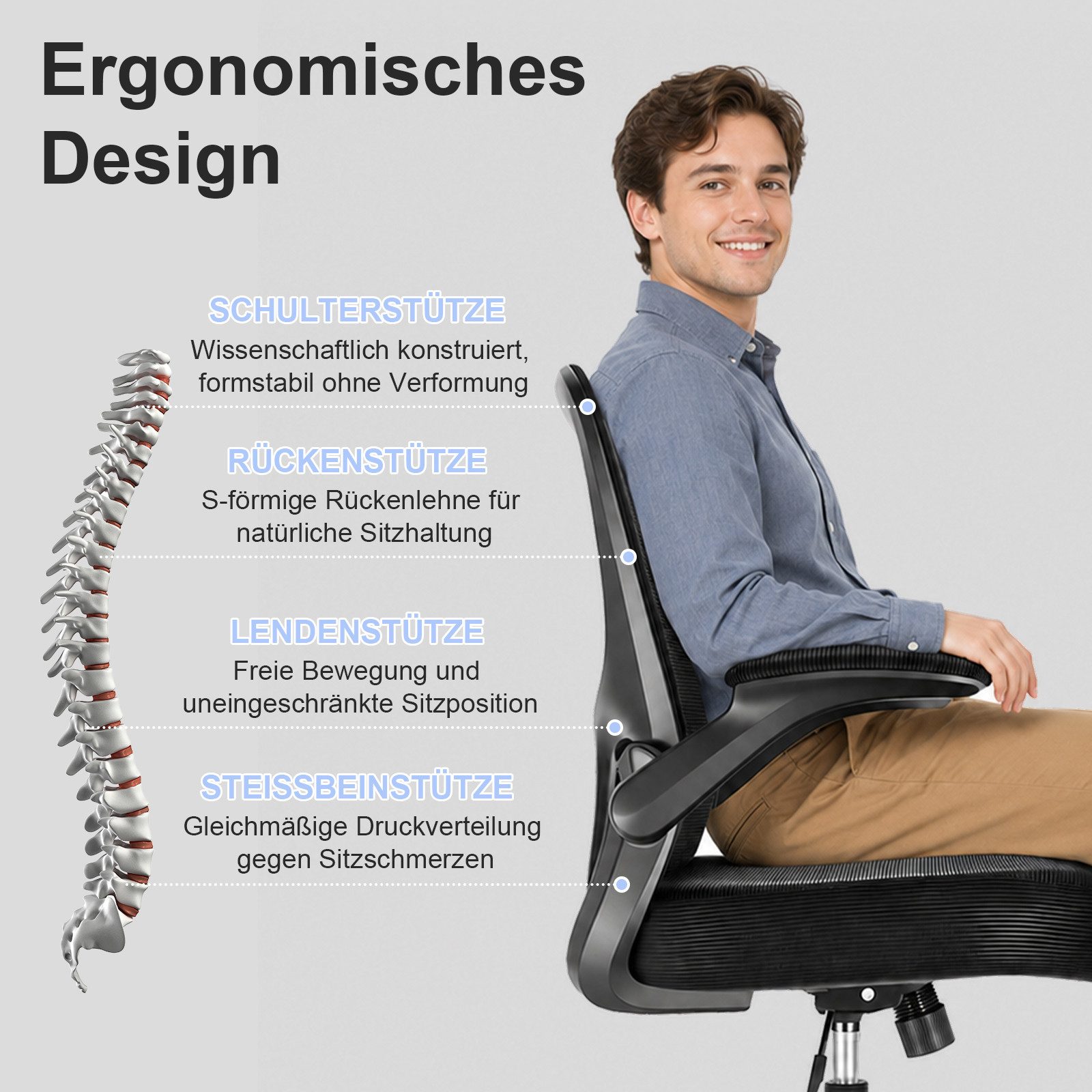 Durrafy Bürostuhl Ergonomischer Bürostuhl,Schreibtischstuhl mit klappbaren Armlehnen (Höhenverstellbarer Drehstuhl mit Wippfunktion bis 130°,Computerstuhl mit verstellbarer Lendenwirbelstütze und leisen Rollen), Chefsessel mit 150 kg Tragfähigkeit