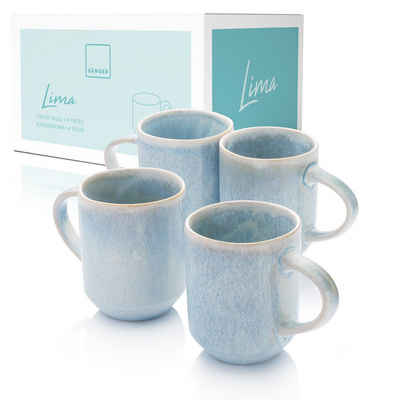 SÄNGER Becher Lima Kaffeebecher Set (4-teilig), Steingut, Blau Türkis mit hellem Farbverlauf & beigem Rand, Handmade, 410 ml