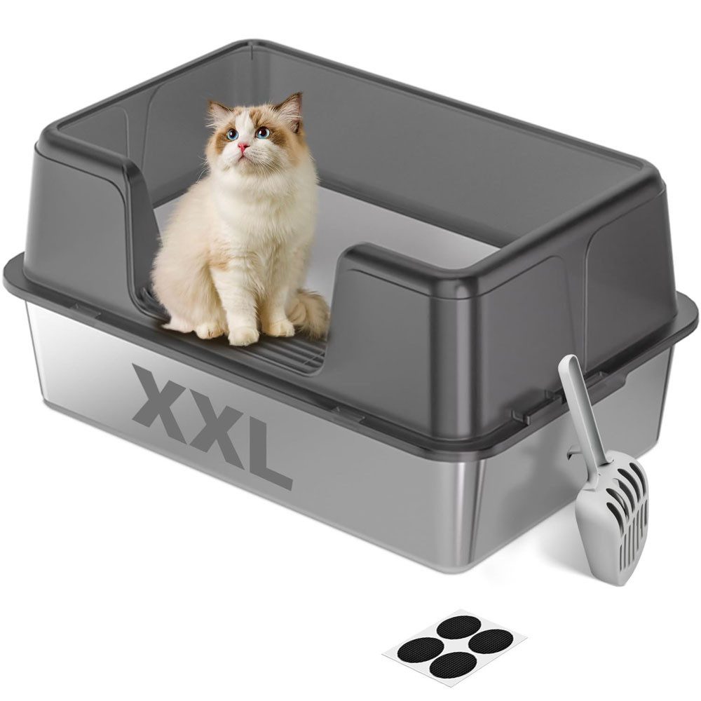 SURFOU Katzentoilette Katzenklo Edelstahl xxl, Halb-Offen Katzentoilette Hoher Rand mit Sieb, 60x40x31,5cm für Große Katzen, Geruchsfreie mit Anti-Rutsch-Matte