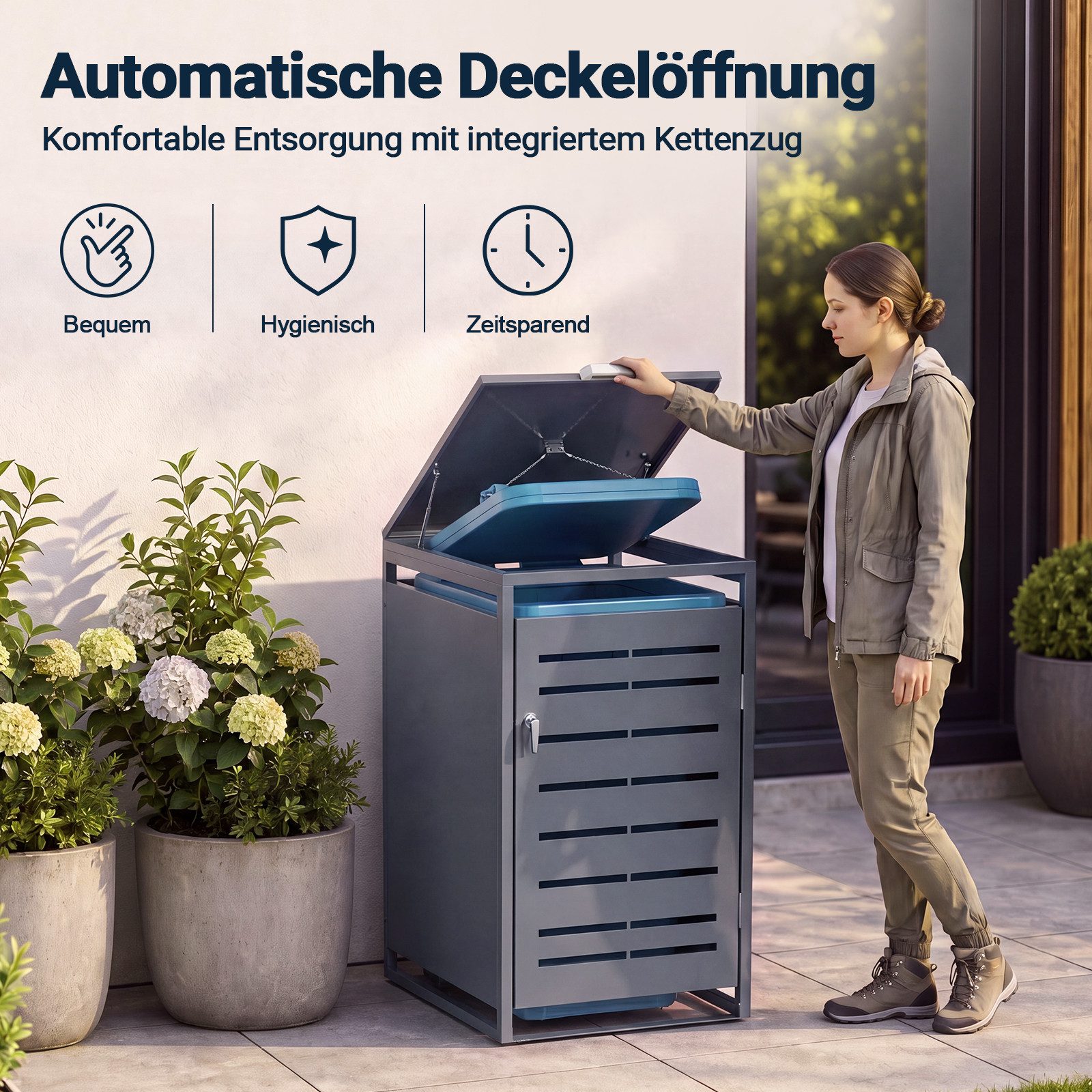 Hausright Mülltonnenbox Mülltonnenbox Metall für 120L/240L Mülltonnen Abschließbare (für 1/2 Mülltonnen), Kettenzug & Soft-Close, Mülltonnenhaus Wetterfest, UV-Beständig