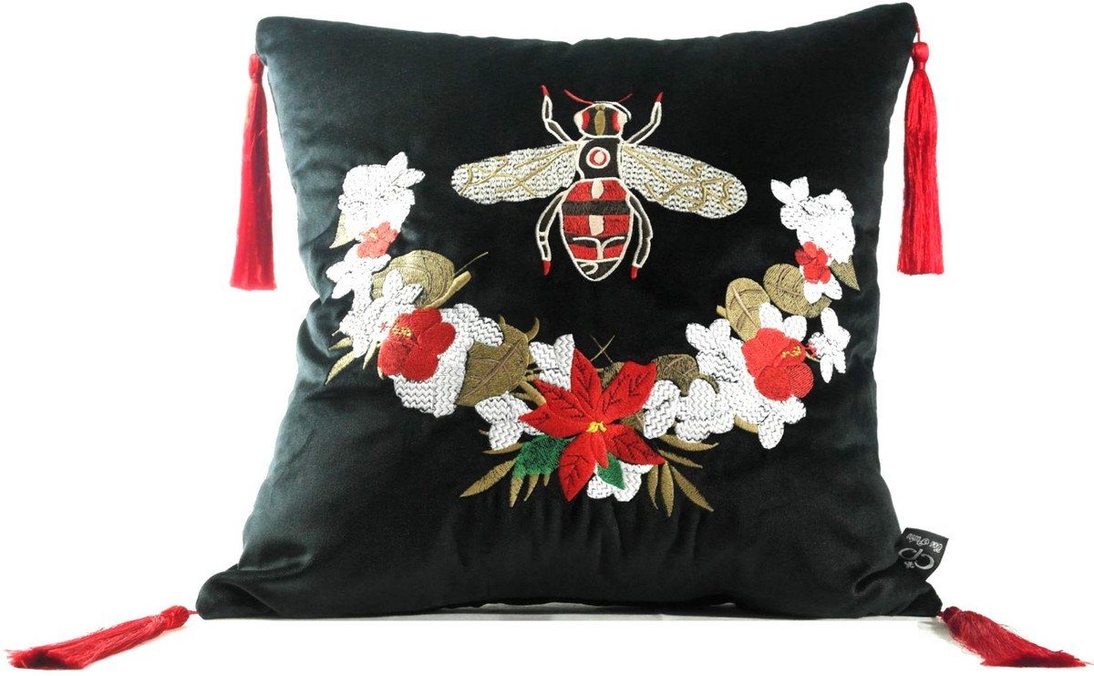 Casa Padrino Dekokissen Luxus Deko Kissen mit Troddeln Bee Schwarz / Mehrfarbig 45 x 45 cm - Feinster Samtstoff - Luxus Deko Accessoires