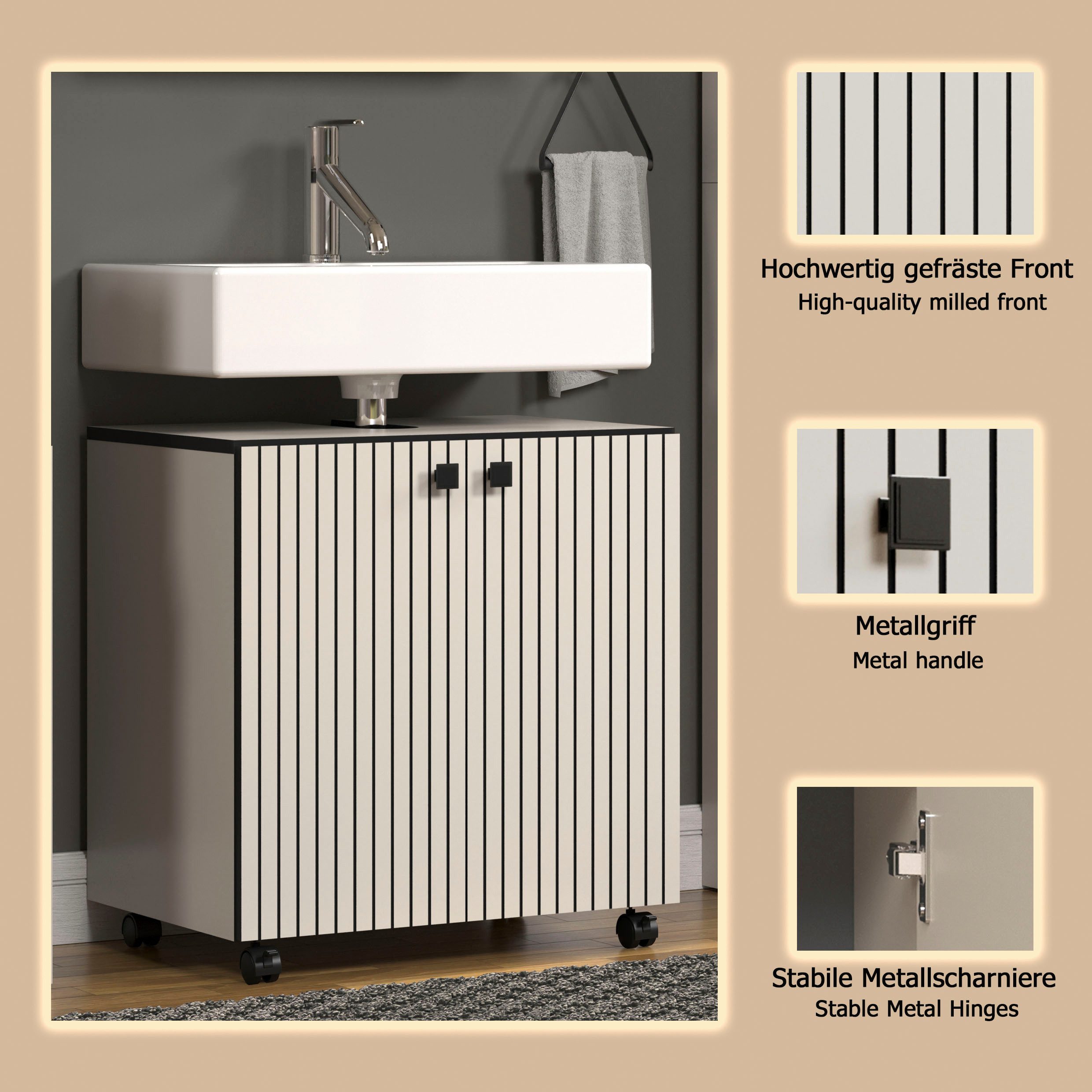 welltime Waschbeckenunterschrank Amrum Waschtisch auf Rollen - (B/T/H) wahlweise 60-80/42/64 cm – Bild 3 von 5