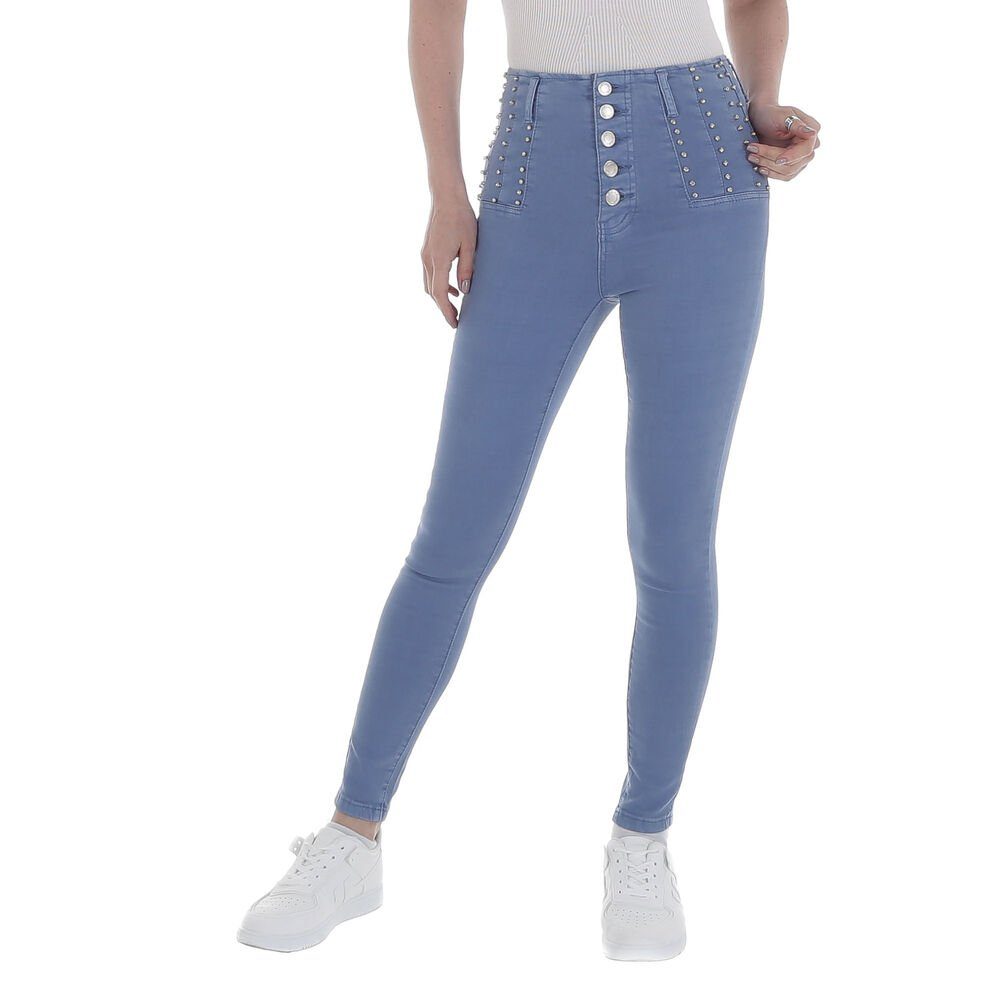 Jeans Skinny-fit-Jeans Stretch Freizeit High Damen Ital-Design Waist Hellblau in Strass
