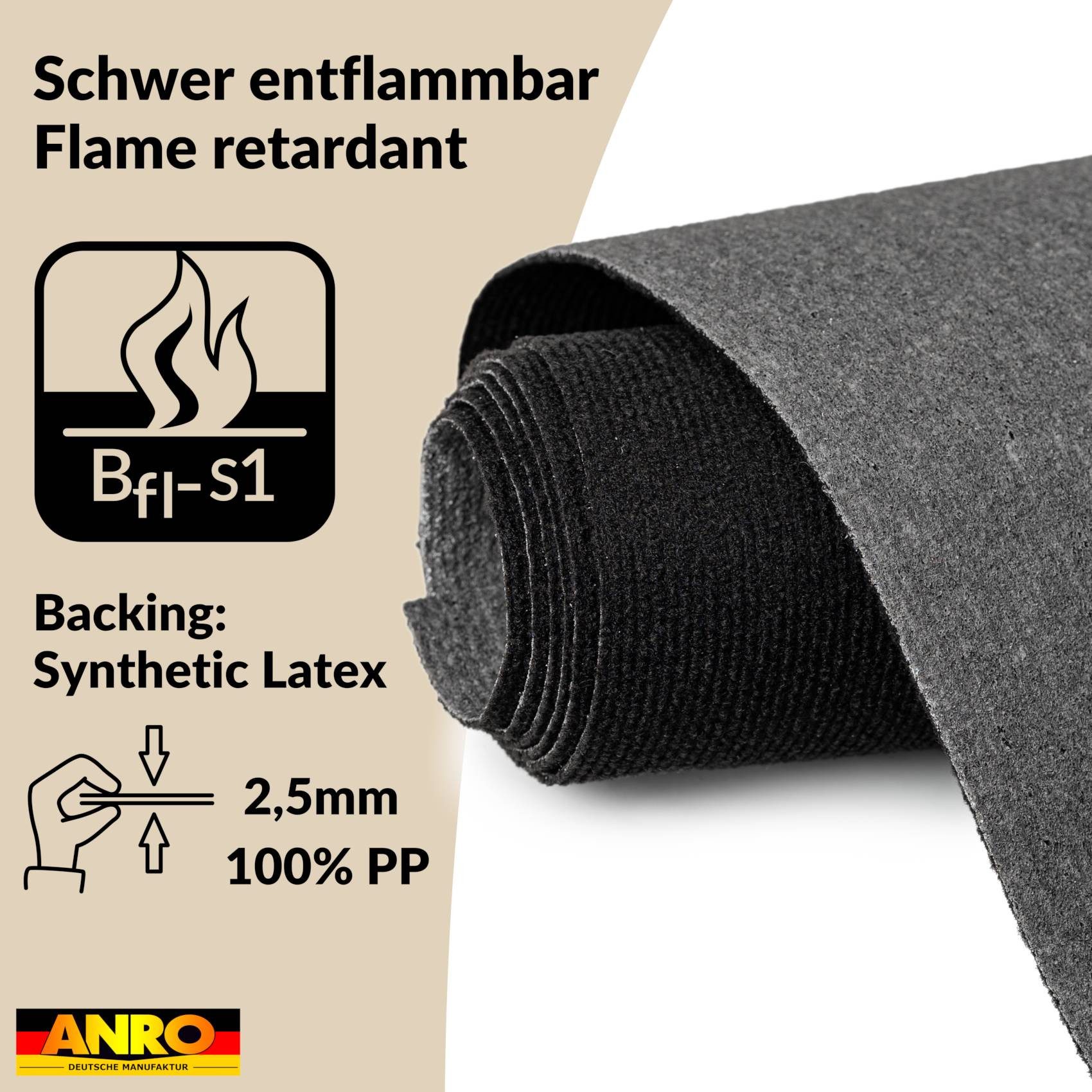 ANRO Teppich YULA Messeteppich Meterware Eventteppich Rips zuschneidbar Bfl-S1, Rechteckig, Höhe: 3 mm, schwer entflammbar Läufer 100x133cm Uni Schwarz