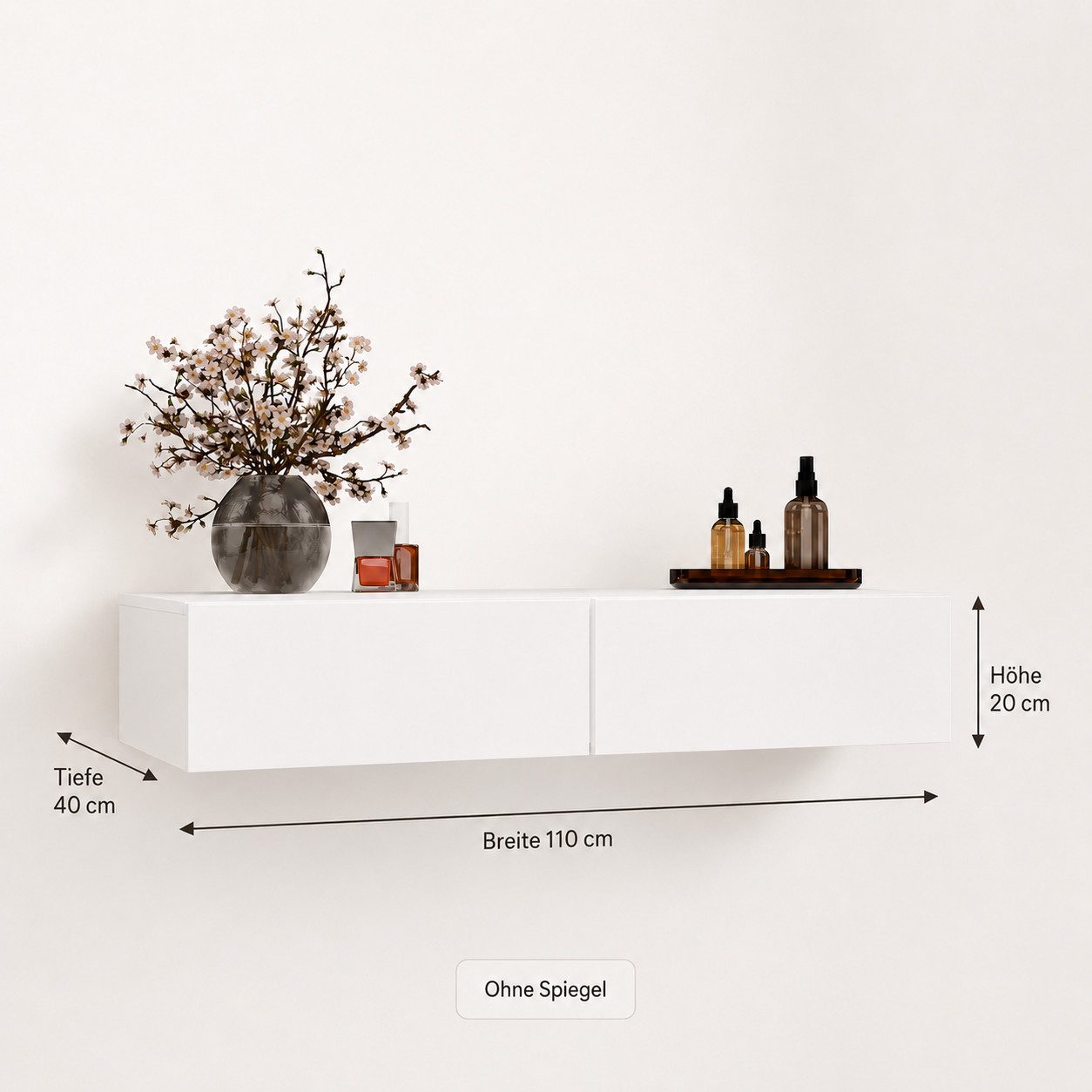 ibonto Wandhängeschrank Schminktisch hängend 110 cm mit 2 Schubladen, ohne Spiegel – Bild 4 von 5