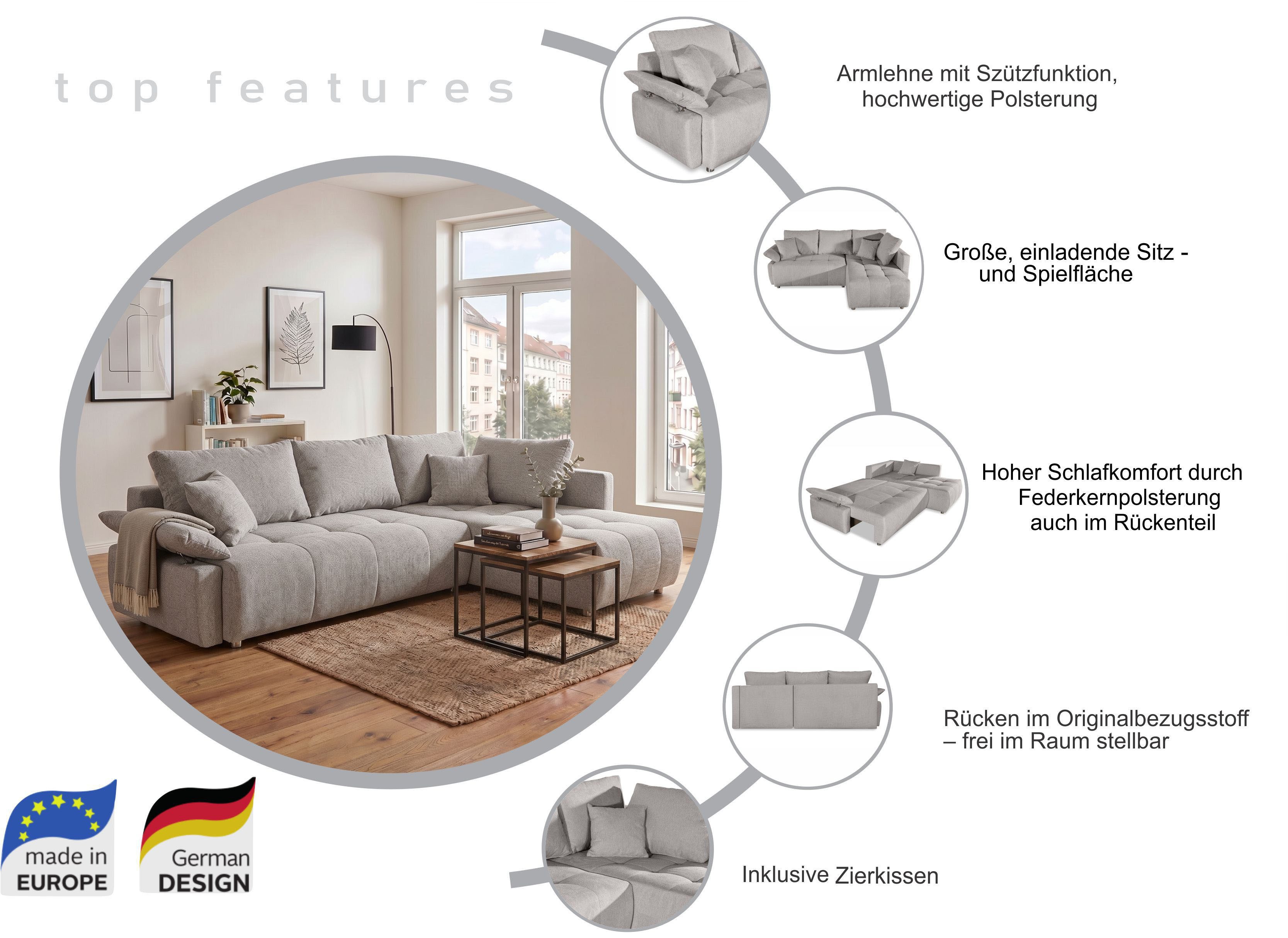 COLLECTION AB Ecksofa Funtastic, Breite 213 cm, mit Schlaffunktion, Bettkasten, Armverstellung und Bonnelfederkern