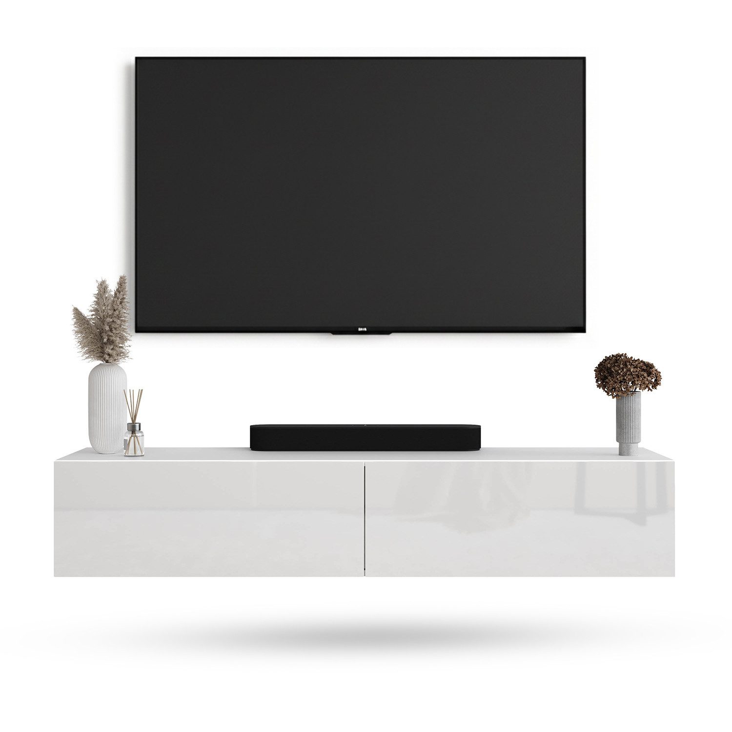Planetmöbel TV-Schrank West TV-Board, Fernsehtisch 160 cm lang, TV-Lowboard (für Fernseher bis 75 Zoll, TV Schrank viel Stauraum, sideboard hängend, Fernsehschrank 160 x 30 x 37,5 cm) weiß