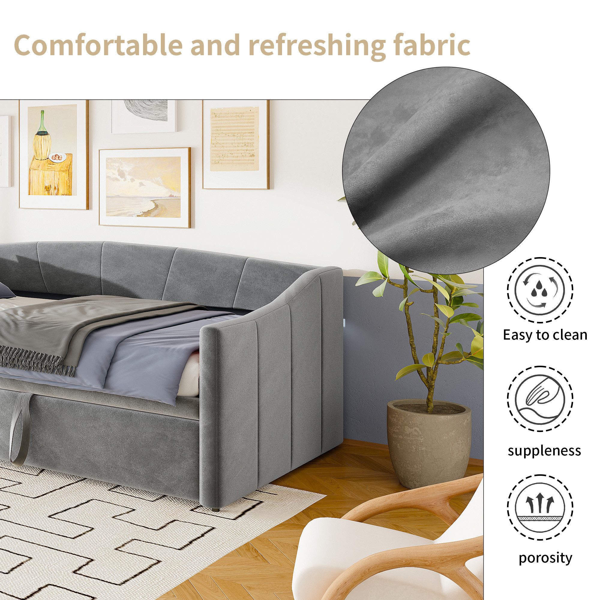 Simurq Daybett Schlafsofa 90/180x200cm, Ausziehbett, Gästebett, Tagesbett, Mit Unterbett, Lattenrost, Samt, Platzsparend, Samt, Grau