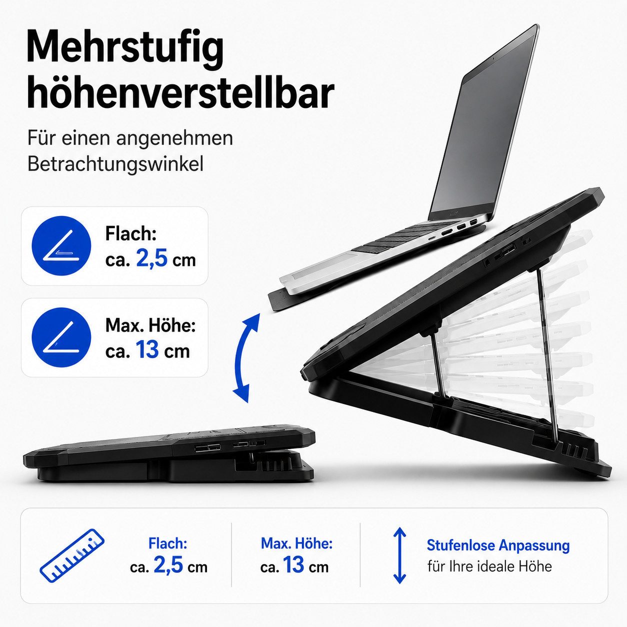 Fyrove Notebook-Kühler Gaming Laptop Kühler mit 5 Lüftern, LCD-Anzeige, 6 Geschwindigkeitsstufen, Kühlpad für 12–17,3 Zoll, höhenverstellbar – Bild 4 von 5