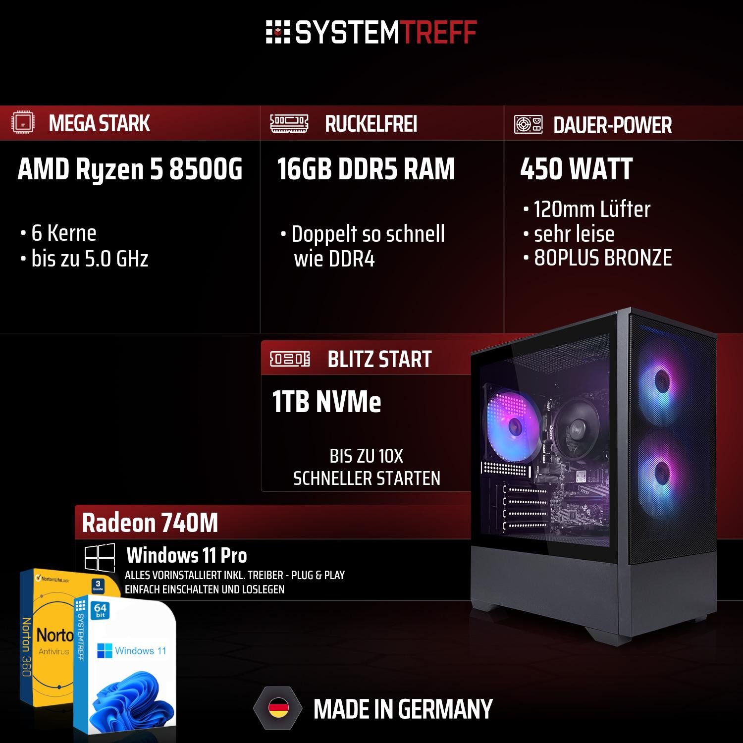 SYSTEMTREFF Basic Gaming-PC (AMD 8500G 8500G, Radeon 740M, 16 GB RAM, 1000 GB SSD, Luftkühlung)
