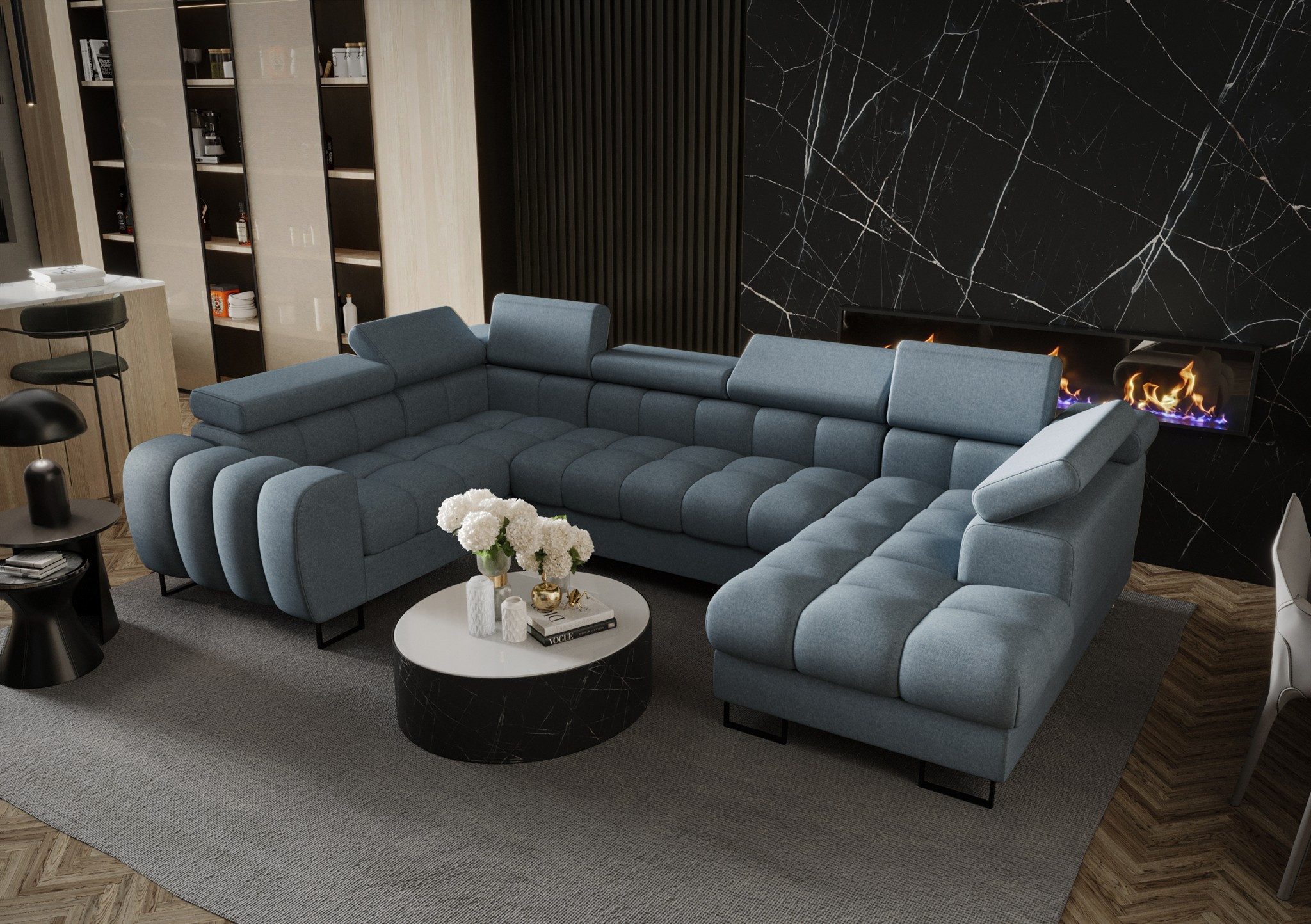 Fun Möbel Wohnlandschaft Schlafsofa BASTIEN mit Ottomane in Stoff, inkl. Bettkasten, mit Rundumbezug, ausziehbare Liegefläche