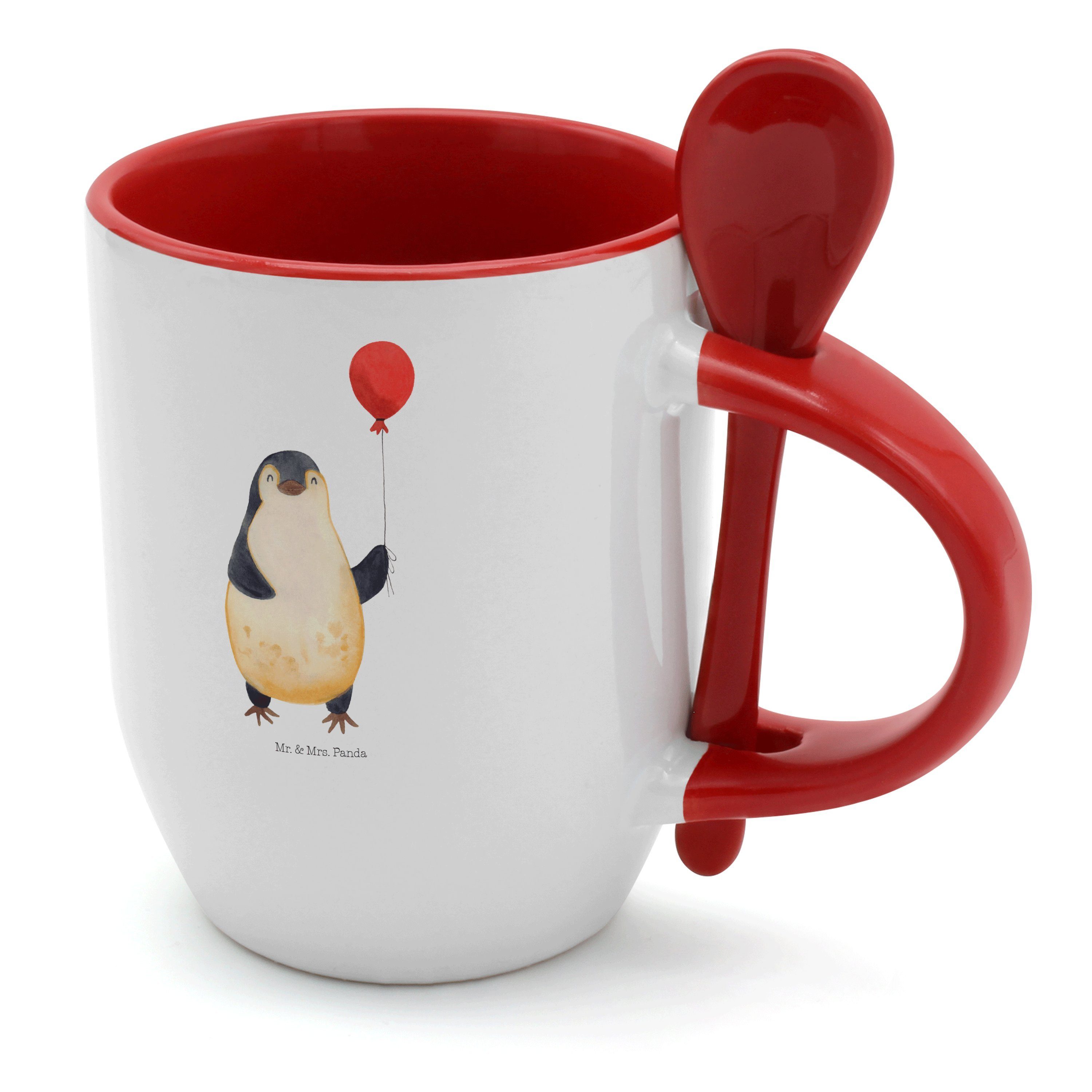 Mr. & Mrs. Panda Tasse Pinguin Luftballon - Weiß - Geschenk, Kaffeetasse, Tasse mit Löffel, Keramik