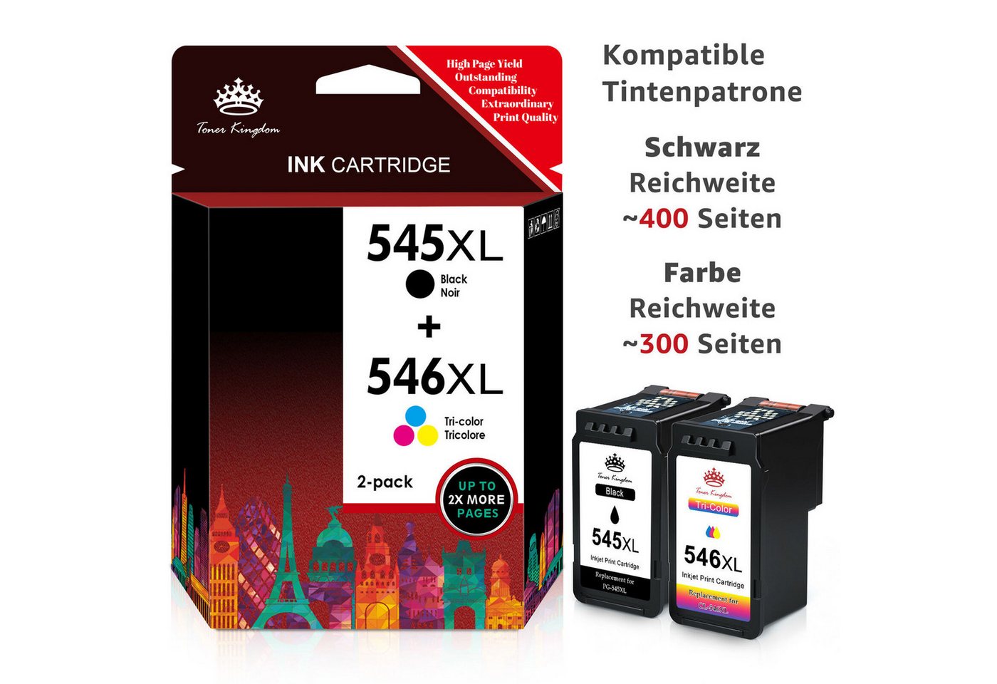 Toner Kingdom 2er Druckerpatrone für CANON 545 546 PG 545 XL CL-546 Tintenpatrone (Pixma MX490 MX495 iP2800 iP2850 iP2840 iP2855, TS205 TS305 TS3150)