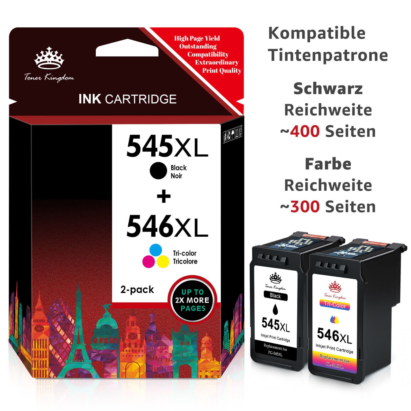 Toner Kingdom 2er Druckerpatrone für CANON 545 546 PG 545 XL CL-546 Tintenpatrone (Pixma MX490 MX495 iP2800 iP2850 iP2840 iP2855, TS205 TS305 TS3150)