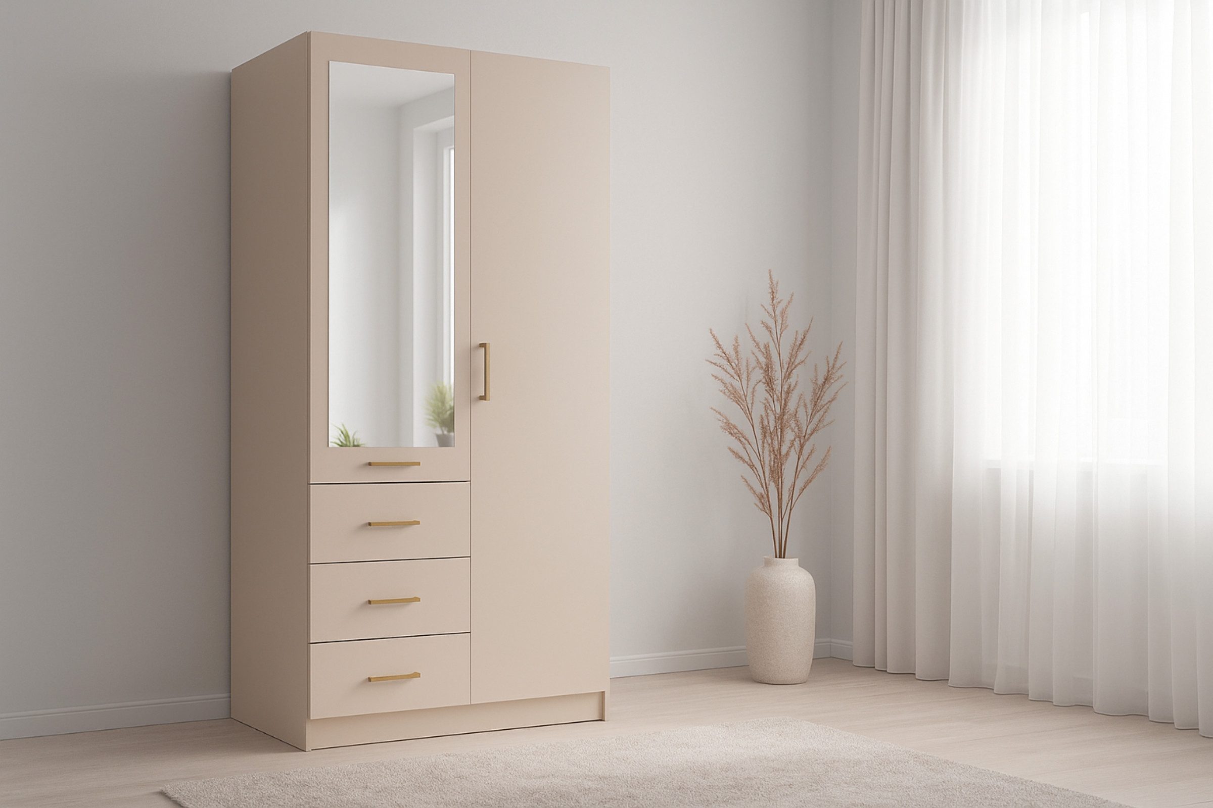 Deine Möbel 24 Kleiderschrank BROOKE 100 / 150 / 200 / 250 cm breit, Farben: Weiß Matt & Beige (Weiß matt oder Sandbeige, 1-St., ideal für jedes Schlafzimmer, Ankleidezimmer oder Flur) Drehtürenschrank mit Spiegel, modern, viel Stauraum