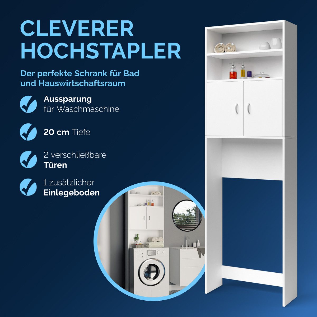 Casaria Waschmaschinenumbauschrank Neapel Waschmaschinenschrank mit Türen Überbauschrank Waschmaschine Bad Weiß