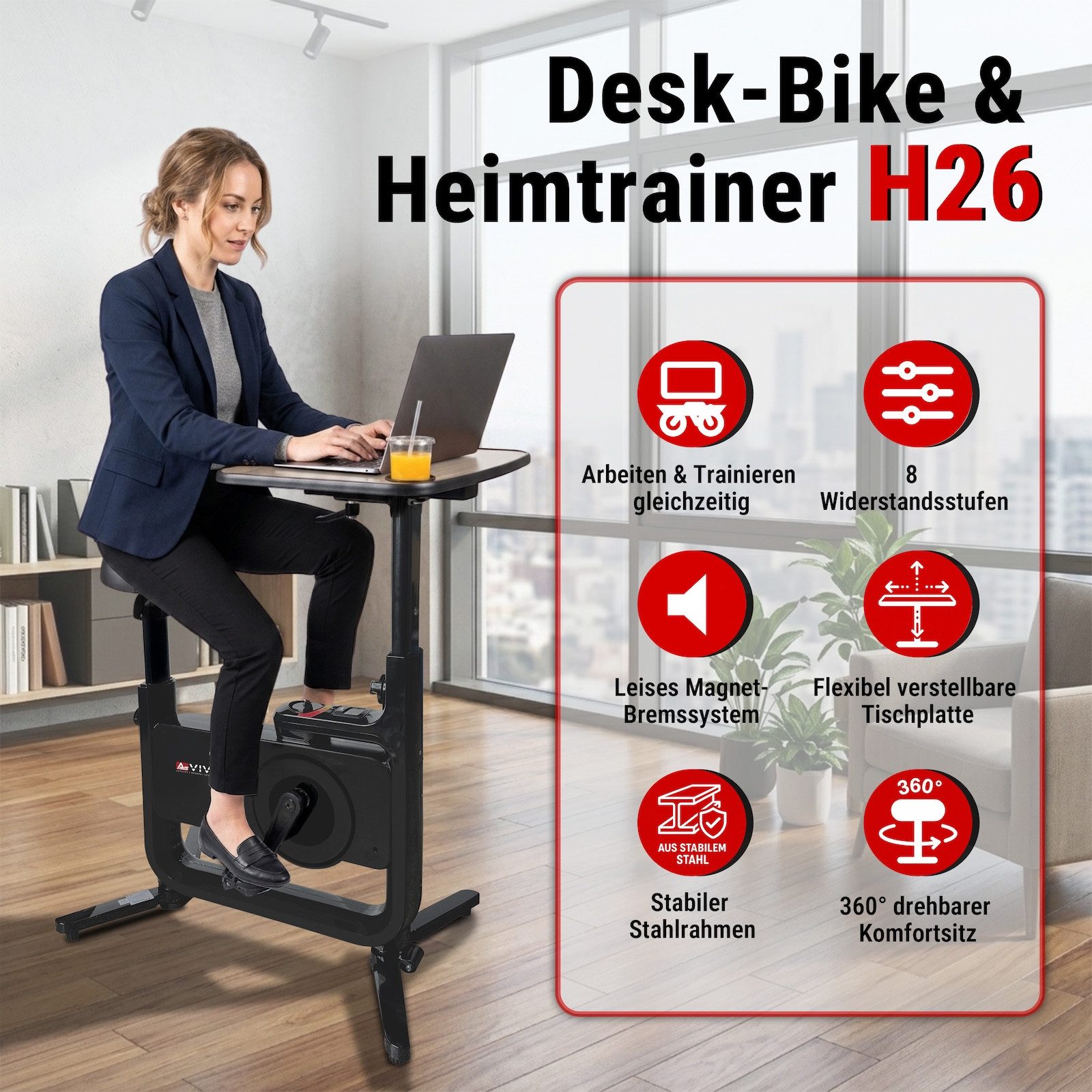 AsVIVA Heimtrainer H26 Desk Bike - Homeoffice Fahrrad mit Tischplatte & Riemenantrieb, Heimtrainer Fahrrad mit integrierter Tischplatte & Getränkehalter