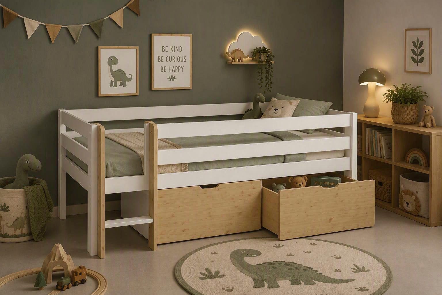OTTO home Kinderbett Tide, maximaler Stauraum durch Schubkästen, Massivholz (4-tlg., Kinderbett inklusive Lattenrost und 2 Bettkästen), Hochbett mit Rausfallschutz, Made in EU