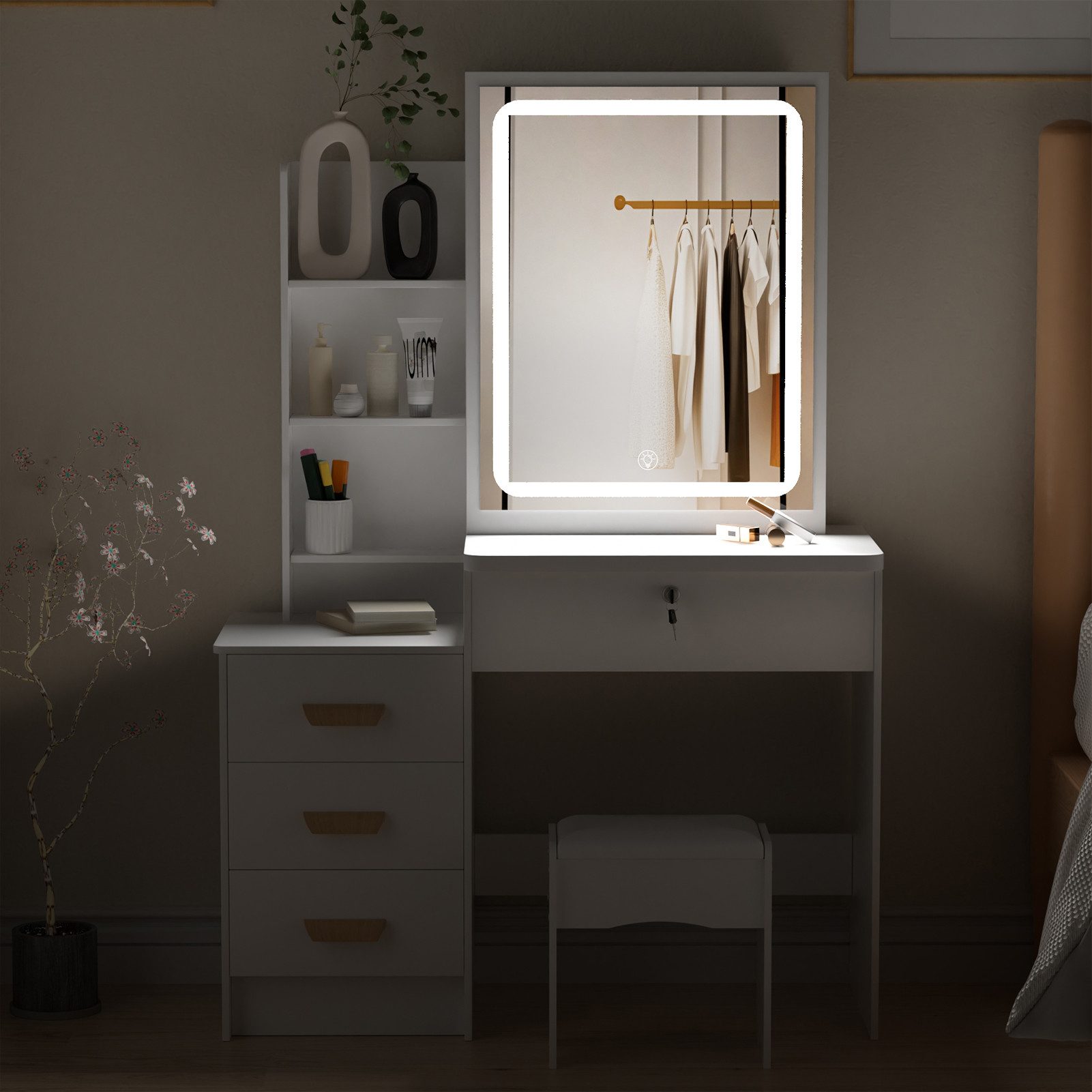 Rutaqian Schminktisch Schminktisch mit Hocker, LED-beleuchteter Spiegel, 86x36x130 cm (1 Tisch 1 Schminkstuhl, 1-St., Kleiner Frisiertisch mit 4 Schubladen und Offenen Regalen), Kosmetiktisch mit Spiegel, Beleuchtung, 4 Schubladen, Offenen Fächern
