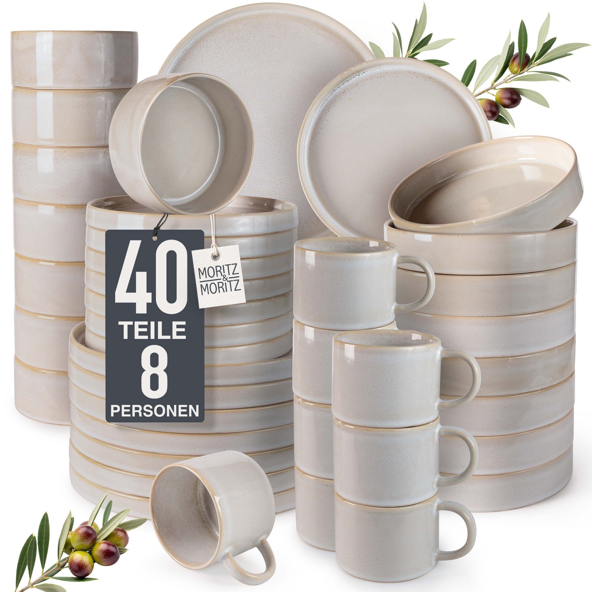 Moritz & Moritz Kombiservice CASTELLO Geschirrset 40 tlg. Komplett-Set für 8 Personen (40-tlg), 8 Personen, Steinzeug, Robustes Kombigeschirr für 8 Personen