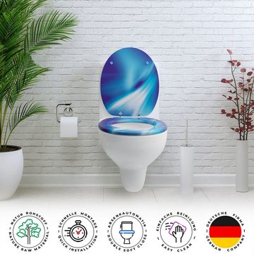Sanfino WC-Sitz "Wave" Premium Toilettendeckel mit Absenkautomatik aus Holz, mit schönem blauem Motiv, hohem Sitzkomfort, einfache Montage