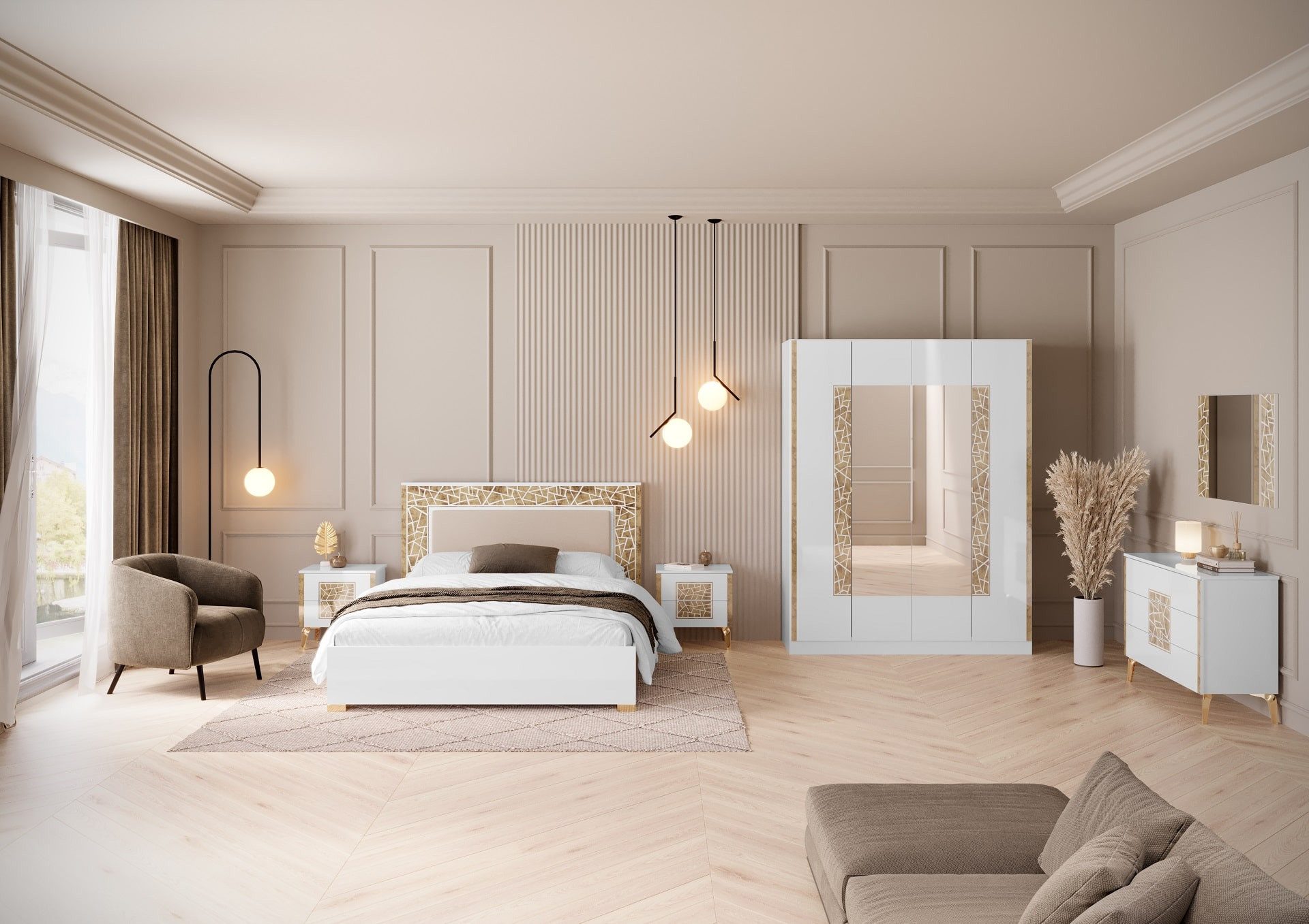 Interdesign24 Schlafzimmer-Set Stella, (6-Teilig, in Weiß/Gold günstig online kaufen