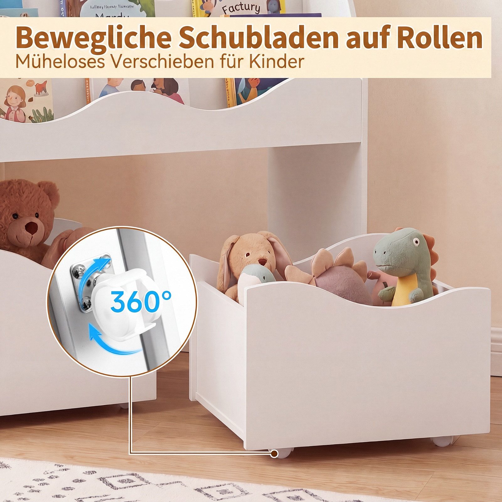 COSTWAY Kinderregal, Bücherregal Kinder mit 2 Boxen auf Rollen