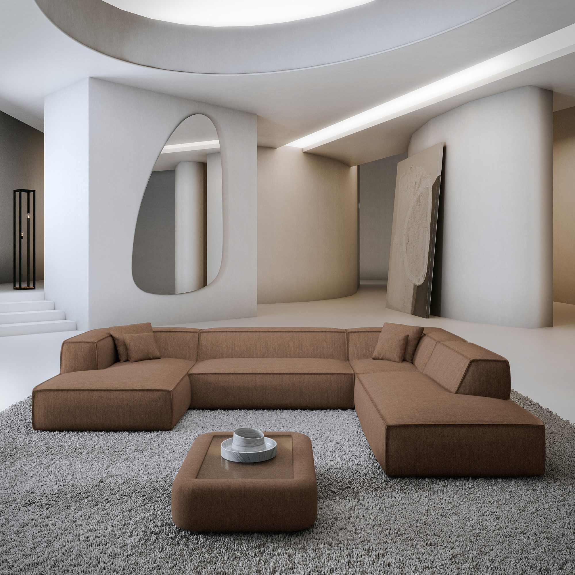 Sofa Dreams Wohnlandschaft Liranda U Form Lounge Design Couch, Stoff Polsterecke, 6-Sitzer, Ottomane links, Strukturstoff Braun, Sofa U-form
