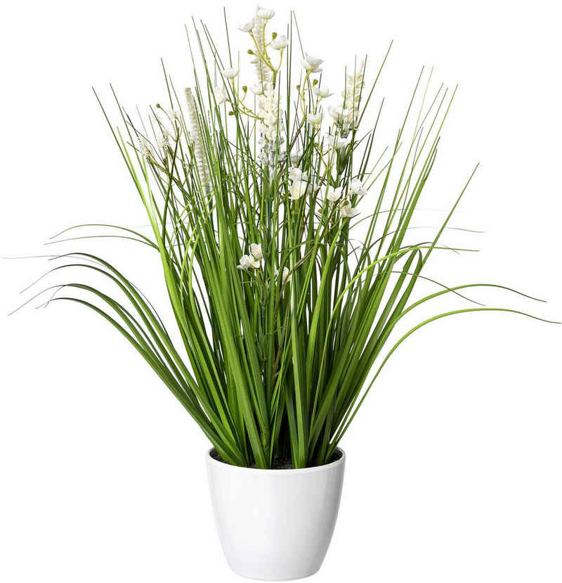 Kunstgras Blüten-Gras-Mix, Creativ green, Höhe 46 cm, in weißer Kunststoffschale