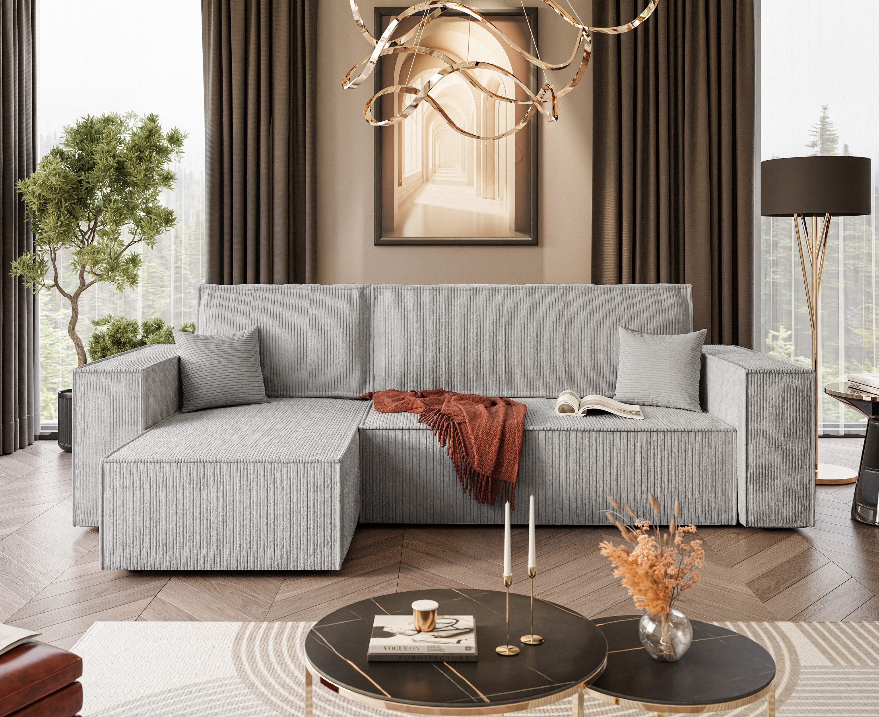 Lookway Ecksofa Gepolstertes CARLOS L-Form, Cord-Stoff, mit Schlaffunktion und Bettkasten, Seite universal, 244/277x83x142 cm